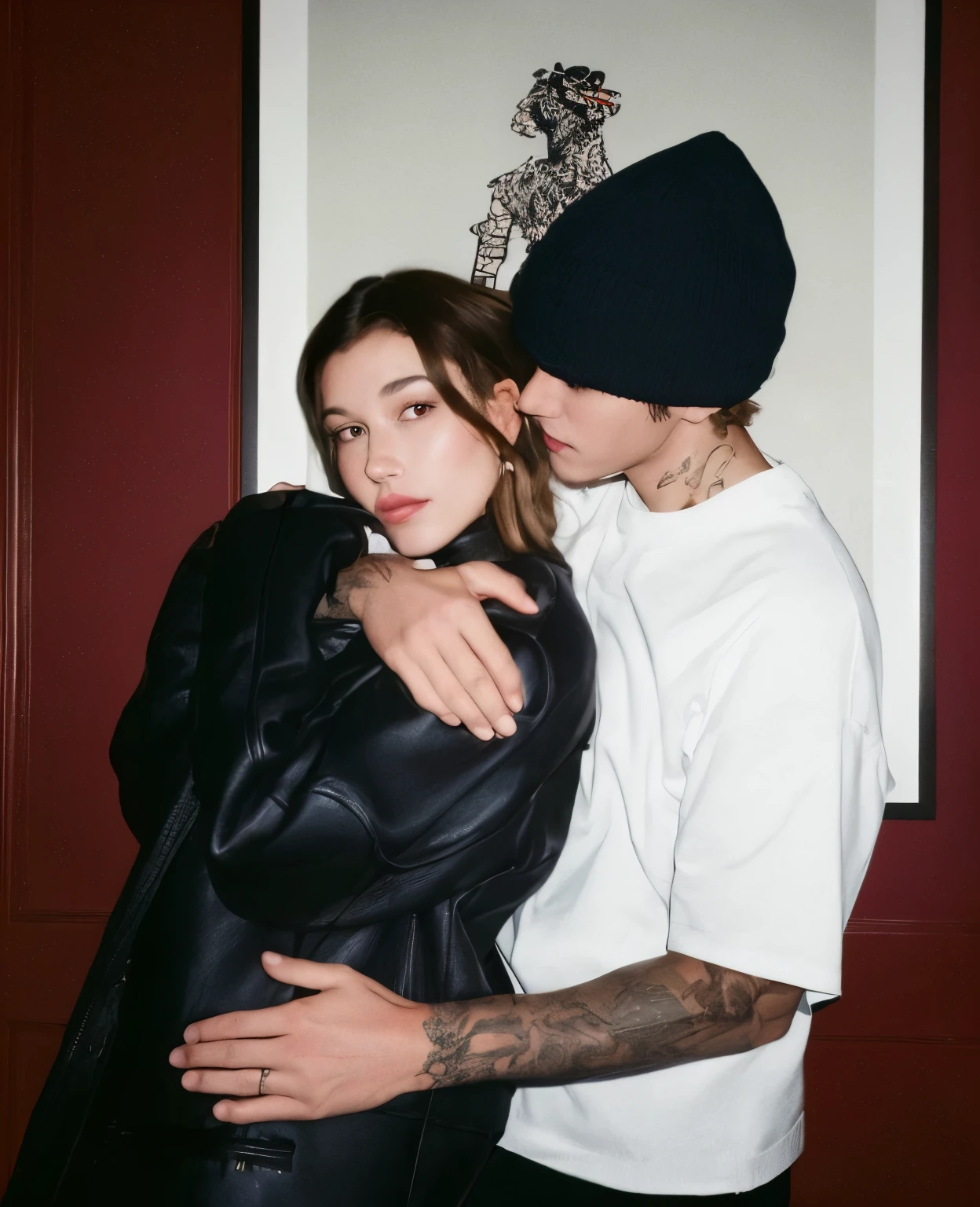 Man and woman hugging each other in a bedroom, They are close to each other, Justin Bieber, Foto da revista Vogue, they are in love, Photo Session, 😭 🤮 💕 🎀, unreleased, he also wears a grey beanie, CR3, photo shoot, Lou, James Jean and Petra Cortright, P. j. n