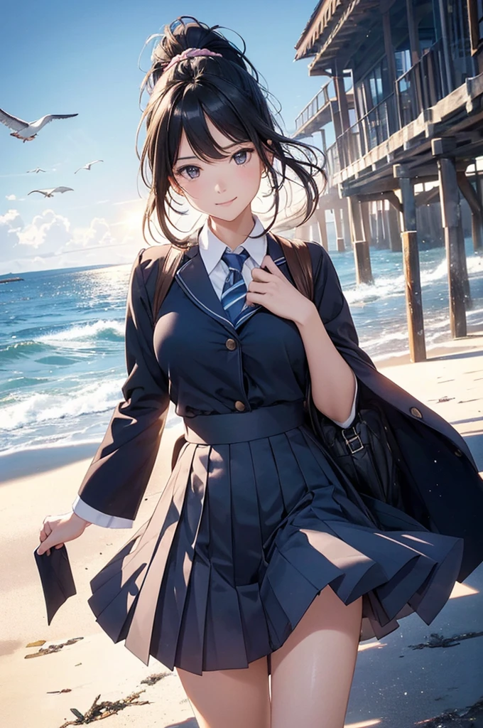 ,navy blue blazer, blue and white striped panties, squat, from below,While wearing a skirt、
