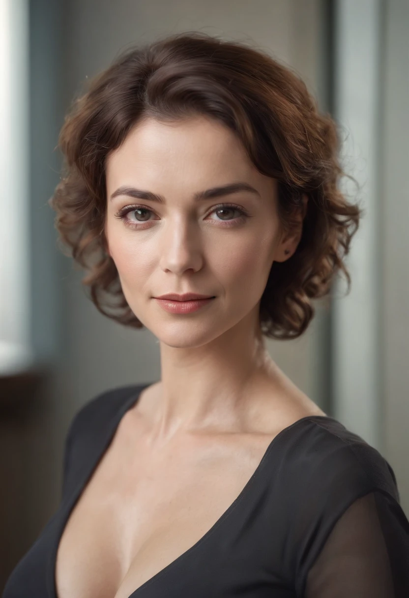 (full body), (standing), a 40 year old woman looking into the camera, short curly hair, detailed beautiful face, slightly smiling, black unbuttoned blouse, cleavage, action shot, glasses, empty office background, daytime, photo realistic, CG, art station, masterpiece, HD photography