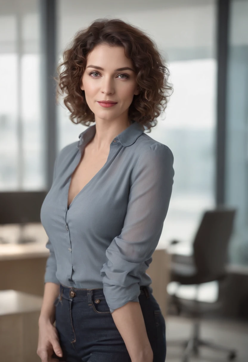 (full body), (standing), a 40 year old woman looking into the camera, short curly hair, detailed beautiful face, slightly smiling, striped unbuttoned blouse, cleavage, action shot, glasses, empty office background, daytime, photo realistic, CG, art station, masterpiece, HD photography