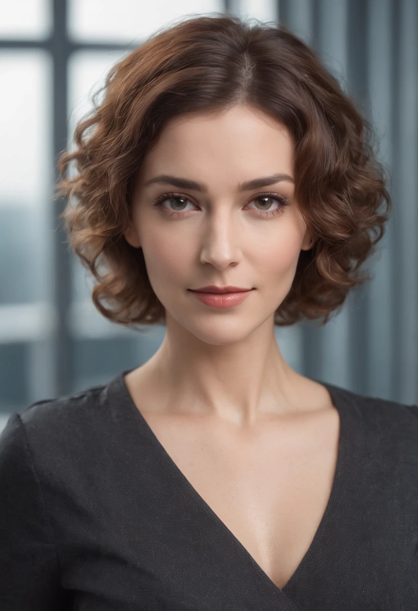 (full body), (standing), a 40 year old woman looking into the camera, short curly hair, detailed beautiful face, slightly smiling, black unbuttoned blouse, cleavage, action shot, glasses, empty office background, daytime, photo realistic, CG, art station, masterpiece, HD photography