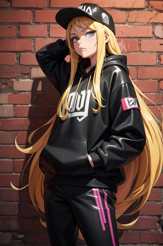ultra high quality, high defition, masterpiece, 1girl, 17yo, street fashion, semi-long hair, golden hair, shiny hair, (bubble up chewing gum:1.1), (Baseball caps in many colors), wearing hoodie, latex material, shiny material, standing, hands in pocket, standing, frown, shiny skin, ((graffitied brick wall)),