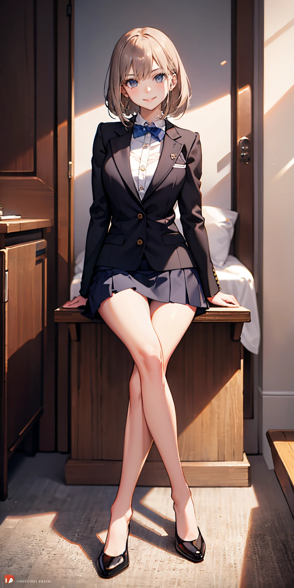 (Masterpiece), expressive eyes, perfect faces, 1 Girl, seductive smile smugly, school uniformss, miniskirt, ((Crossed legs)), The Good Thief