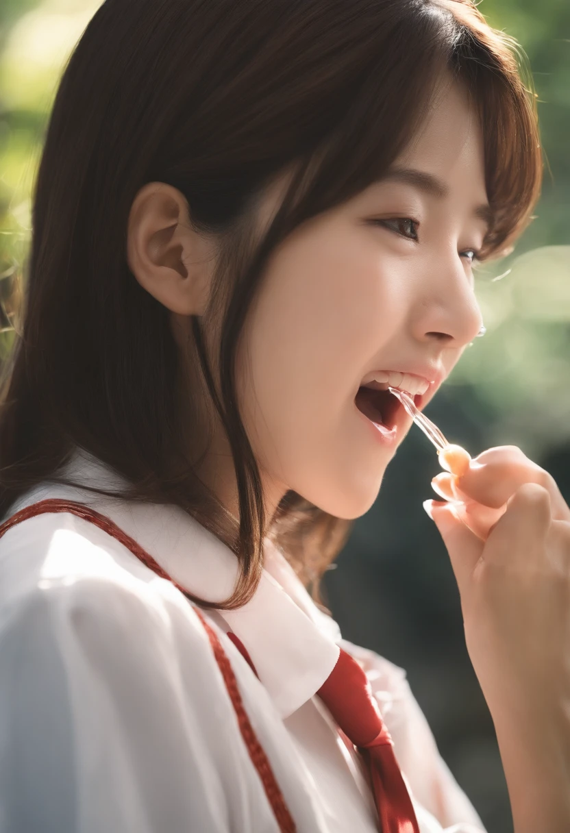 Japanese high school girl opens her mouth wide、trying to swallow something。A bright and clear photograph of the back of the throat。Even the esophagus is visible。The moment when you are completely swallowed up is expressed with a sense of realism.。