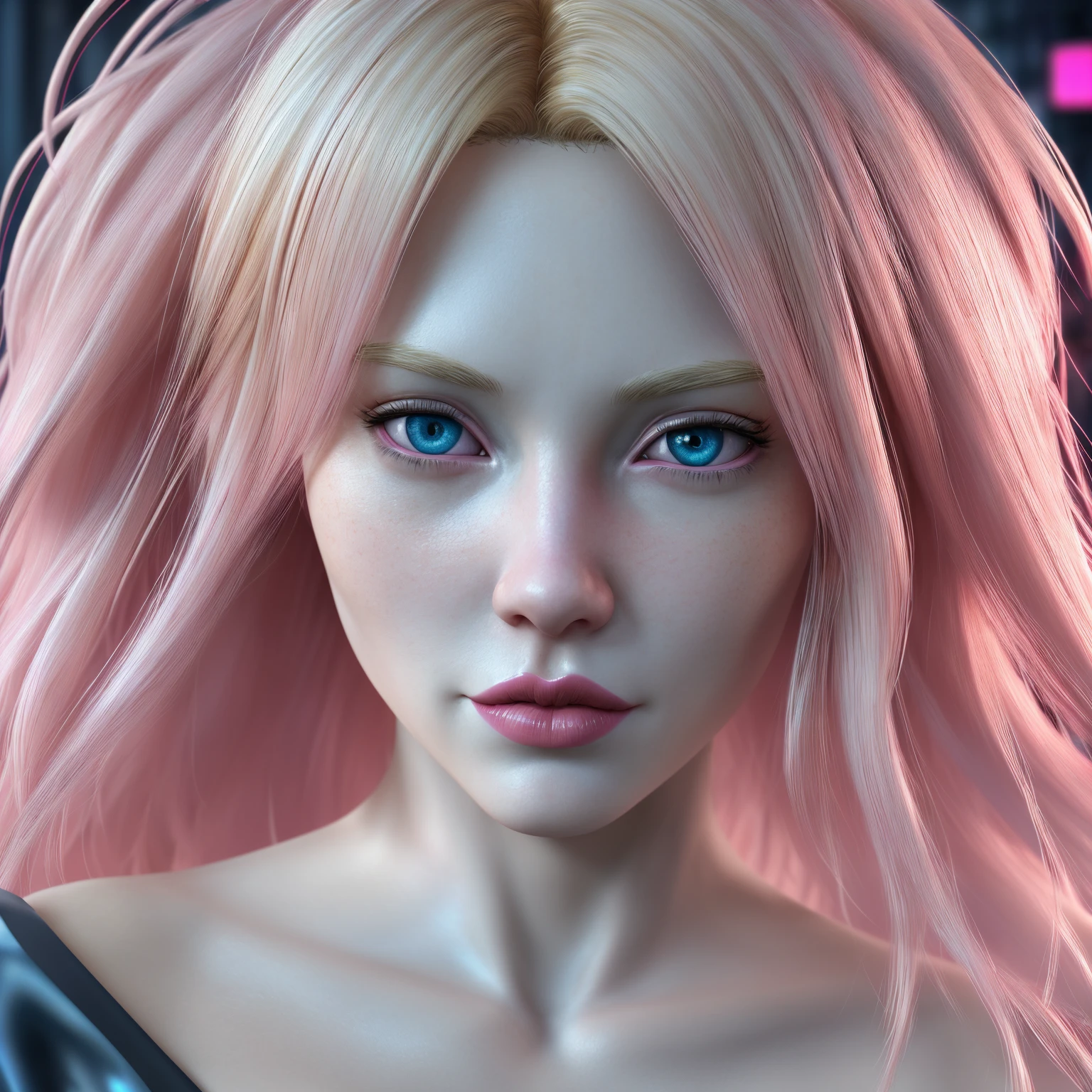 Ultra detailed , hd 8k quality, collage woman, Realistic character, coiffed blonde hair, pink red skin color, realistic face textured, detailed Blue eyes, small anime breast, Alone, modern, Cyberpunk, naked , pink red lipstick, ultra detailed wite golden pink hair