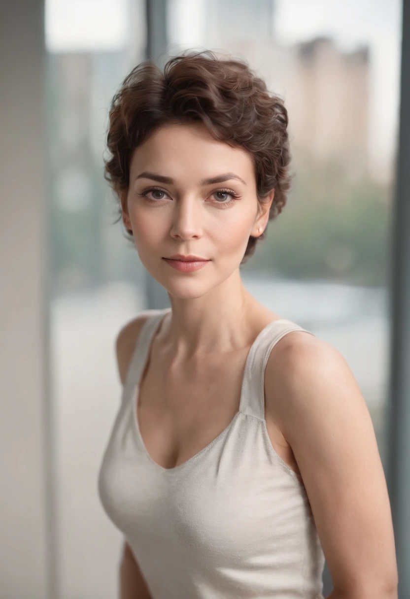 (full body), (standing), a 40 year old woman looking into the camera, short curly hair, detailed beautiful face, slightly smiling, white tank top, cleavage, action shot, glasses, empty office background, daytime, photo realistic, CG, art station, masterpiece, HD photography