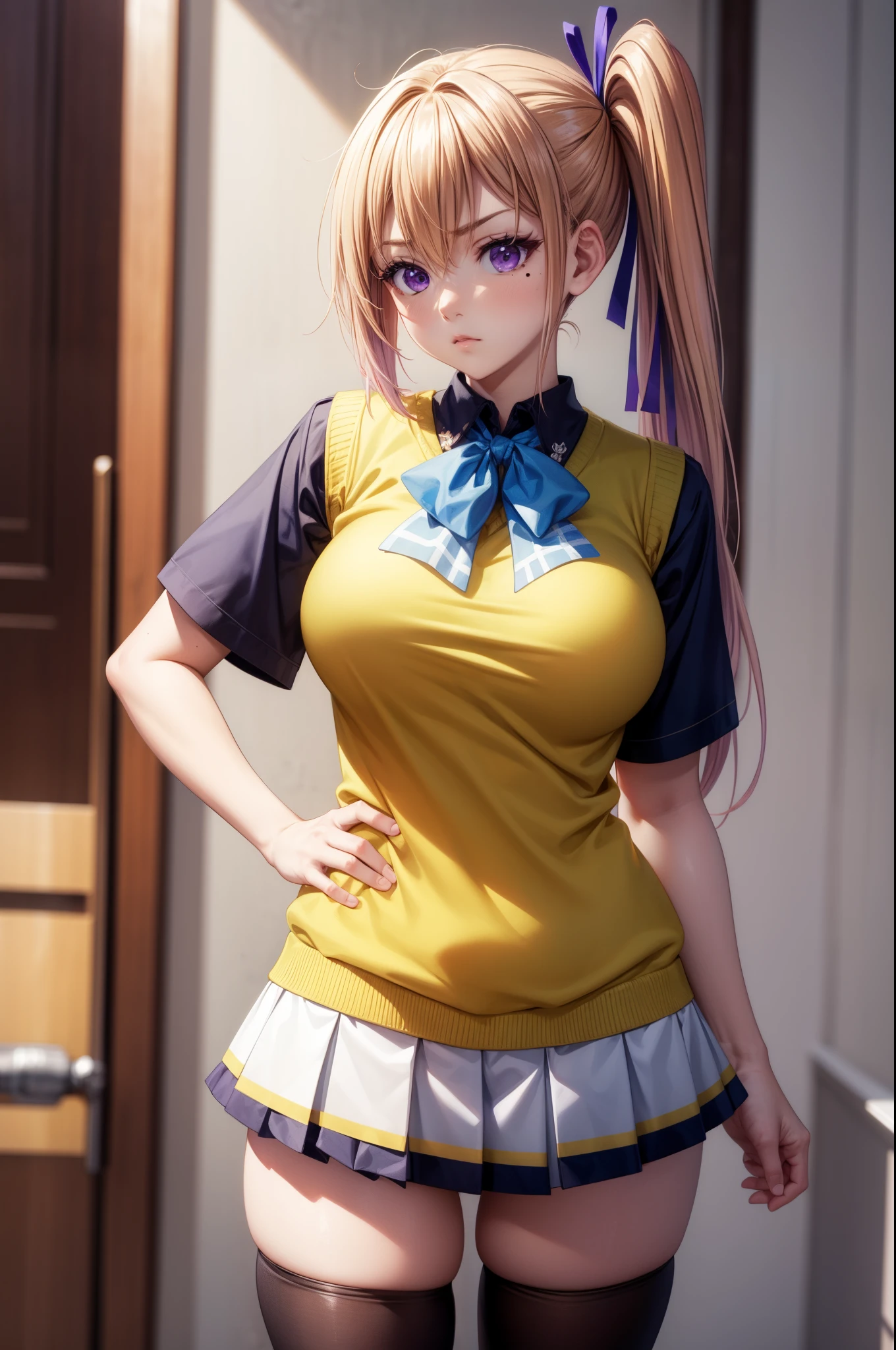 (masterpiece), 8k ultra hd , high quality, best quality, expressive eyes & face, cute sulking, perfect face, perfect body, perfect body beautiful, 8k ultra hd , high quality, hair clip, shining hair, wearing tights , pink skirt , navy blue shirt,tug in shirt,perfect eye & eyebrow, kawakami_mai, long hair, large breasts, blonde hair, purple eyes, hair ribbon, ribbon,single side ponytail, mole under eye, school uniform, sweater vest,