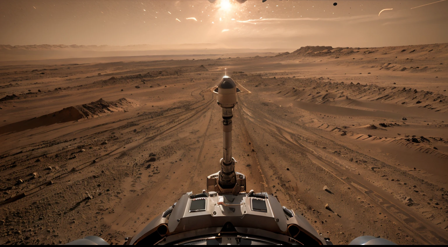 On Mars,viewed from bird's-eye,Many huge advanced robotic arms are at work。Metallic glossy texture,Astronauts spread out on the surface of Mars。droid、starrysky、Explore vehicle details、ultra-wide-angle、viewed from bird's-eye、High realism、lightand shade contrast