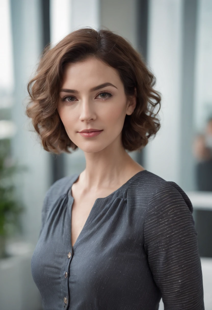 (full body), (standing), a 40 year old woman looking into the camera, short curly hair, detailed beautiful face, slightly smiling, striped unbuttoned blouse, cleavage, action shot, glasses, empty office background, daytime, photo realistic, CG, art station, masterpiece, HD photography