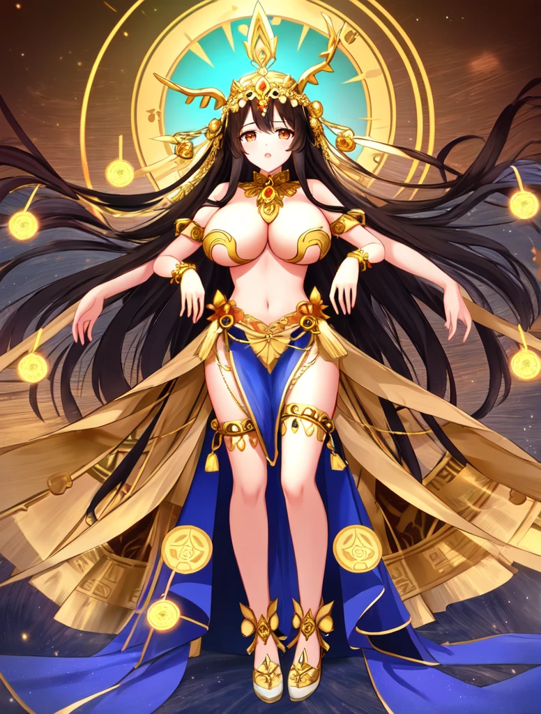 goddess with six arms,  Ancient antler god, Charming female god, symmetrical illustration, Symmetrical Pose, Full body illustration, She wears golden ornaments all over her body、Naked except for accessories、large full breasts、long black hair that reaches down to the legs、Aztec mythology、Brown-skinned