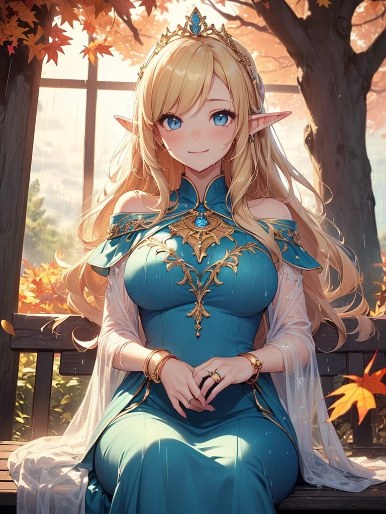 最high quality、Best image quality、masterpiece、Beautiful Face、、Titania、Resting on a bench、Super beautiful elf girl((22 year old office lady big bust、Bust 90,Beautiful long ironed hair、blonde、height: 165cm。thin、Beautiful dress、cowboy shot,、Esbian、spring、青いnull、high quality、美しいart、lunch、tea、cooking、fruit、ビジュアルart、Depth of written border、、Elf Ears、、Lightのmagic、universe、Happy smile、穏やかなLight、Beautiful Forest、、、elegant、ticker beautiful decorative、、、mystery的な Rosa、Rose、、Light、 null、art、Lord of the Ring、Spectacular scenery、sexy、A friendly smile、wonderful、flower畑、nature、universeのmagic、magicのLight、Fantasy、flower、super REALITYa lotのRose、magic、Grow Fantasy、、mysteryのLight、Art Nouveau、Alphonse a lot、、art、art,mystery,UHD,magicalgentle light,sexy