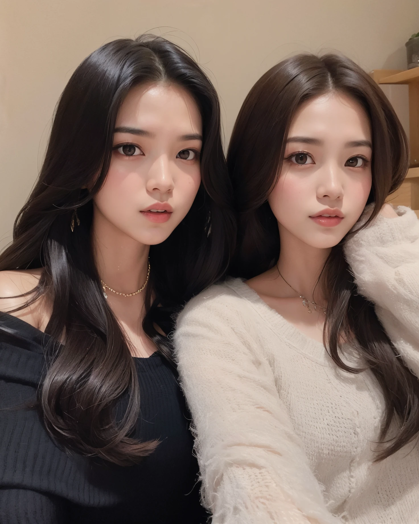 Two Asian women posing for a photo in a bedroom, Ulzzang, com preto, beautiful gemini twins, with a twin, Jaeyeon Nam, beautiful gemini twins portrait, Duas meninas, foto de perfil, twins, # Oc, Nixeu e Sakimichan, #Oc, maquiagem sul-coreana popular, com o mesmo penteado, Jinyoung Canela, com hera, sisters