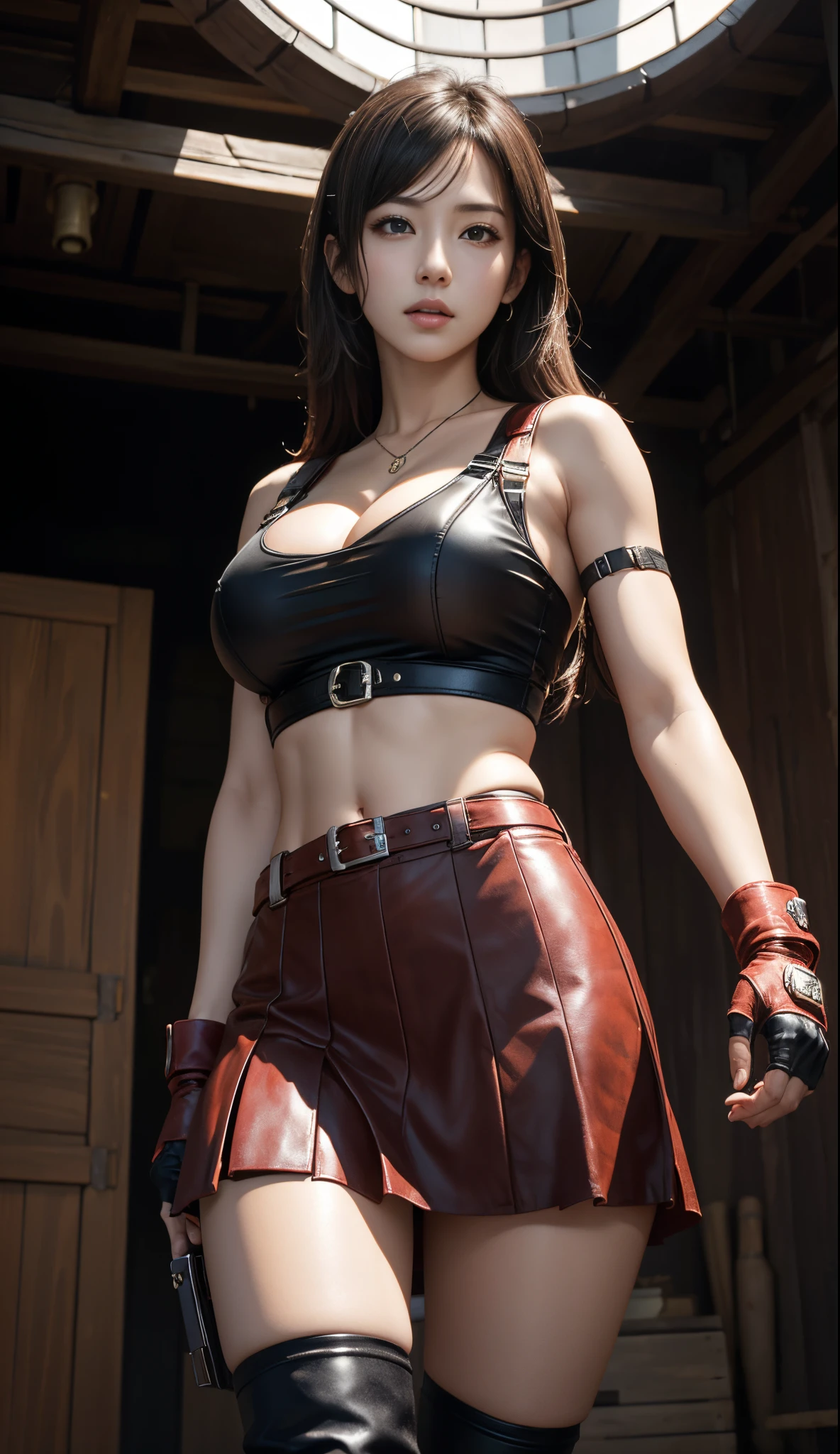 From below:1.5,Unreal Engine 5 Realistic Rendering, (masterpiece, top-quality), intricate detailes, ((top-quality)), ((masterpiece)), ((realisitic)), (Hyper-Realism:1.2), (Fractal art:1.2),
BREAK(1girl)、(Tifa Lockhart Original Costume)、White crop top、arm guards、fingerless glove、suspenders、Pleated mini-skirt、Black thighs、Red Boots、
BREAK(extremely detailed eye、colourfull、highest details)、Looking at Viewer、vivd colour、highly contrast、(8K UHD:1.2)、(Photorealsitic:1.37)、beauitful face、BREAK((huge tit:1.3,cleavage of the breast:1.1))、((Lower breast:1.3)),shiny body