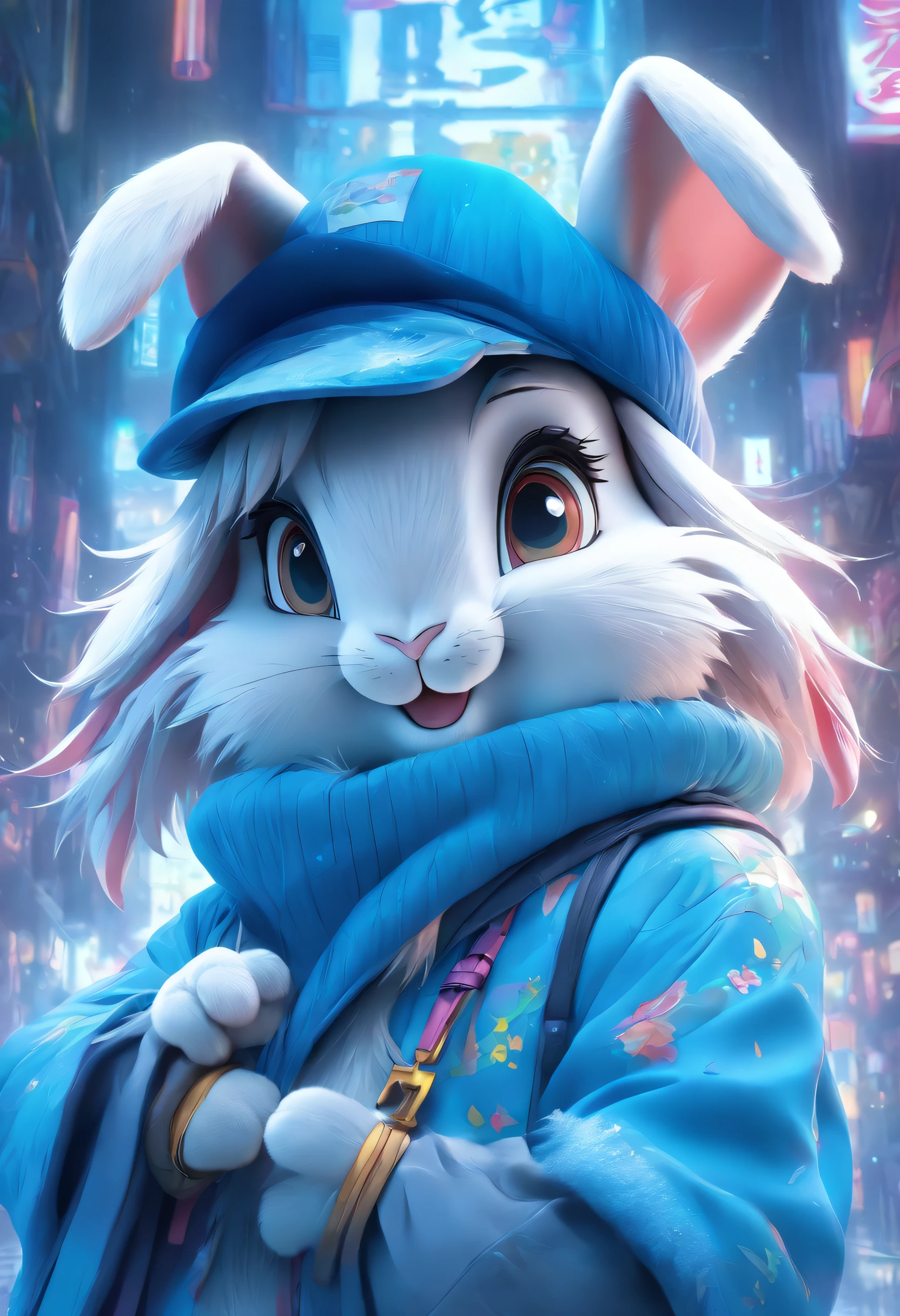 3D rabbit wearing blue hat and blue coat,