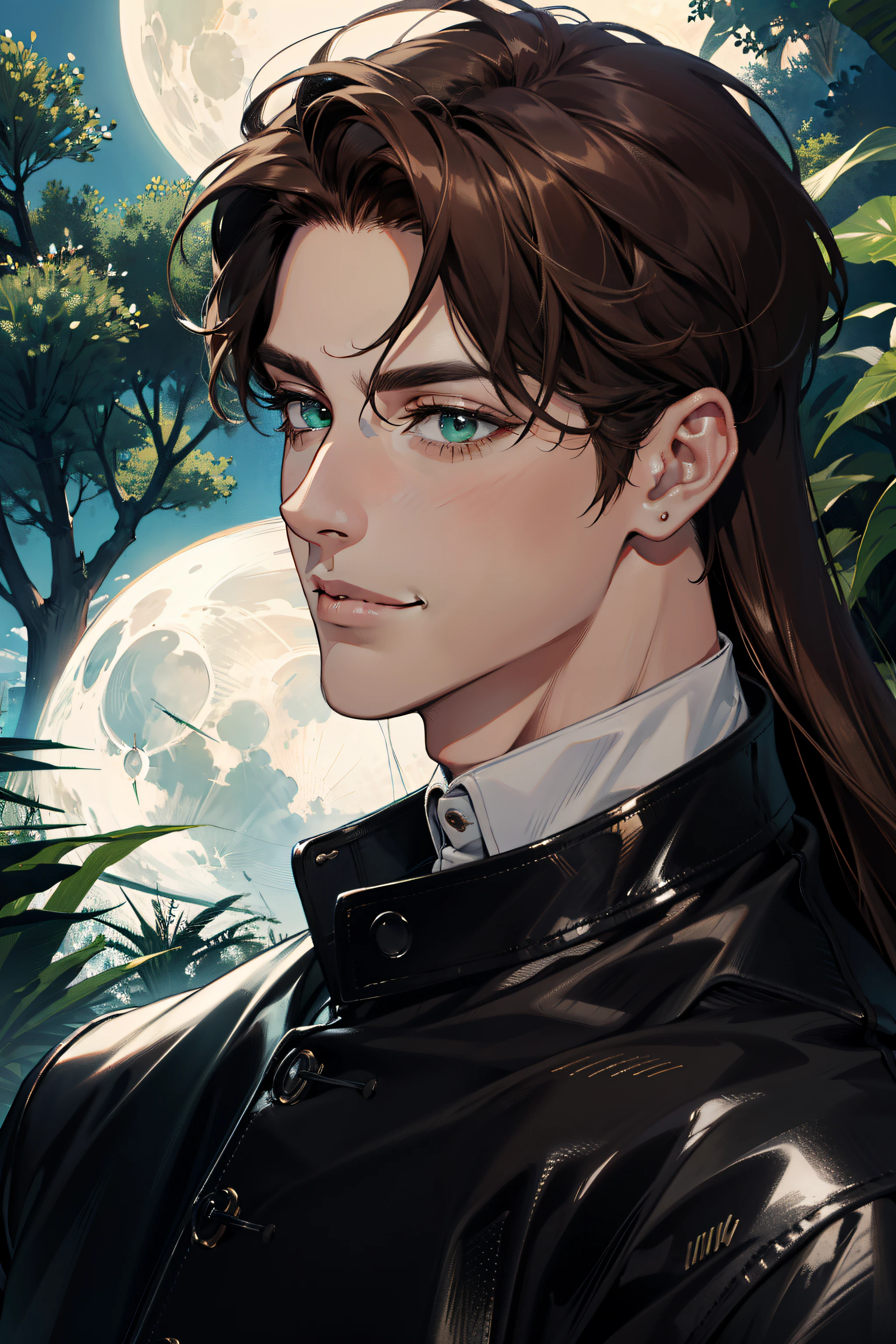 (absurdres, highres, ultra detailed), 1man, 30 years old man, adult man, handsome, tall,, finely detailed eyes and detailed face, black leather pants, white shirt, night, smile, dutch angle, ((long hair, brown hair)), moon, forest, bad boy, gothic, dark, looking at the view, pale skin, green detailed eyes, eyeliner, (masculine), sexy, smirk, seductive, slightly muscular, very attractive, flirtatious, mature, ((adult mature face)), medium large shoot, (MLS), conceited, egocentric.headphone half-tied hair