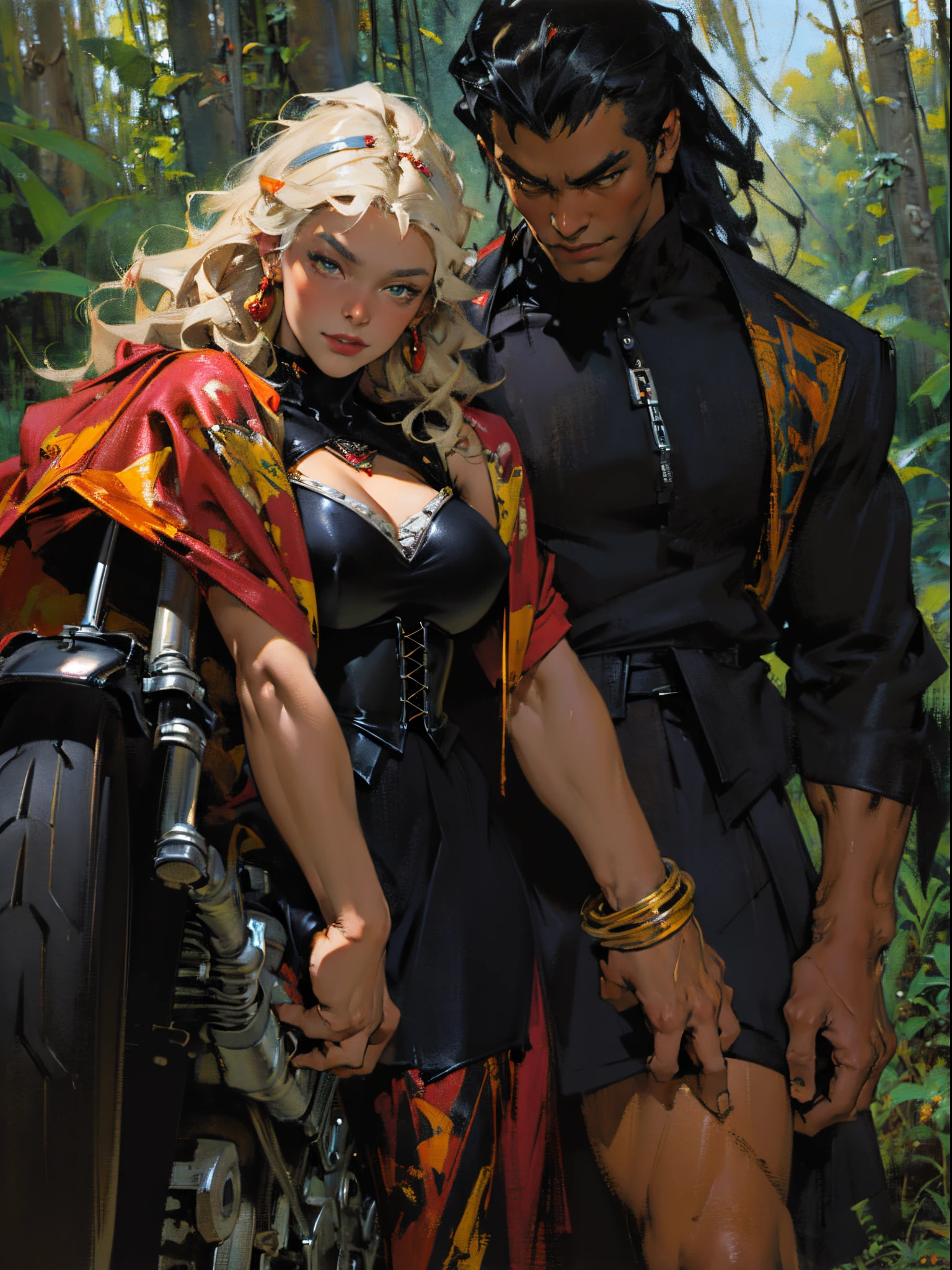 Confident cyberpunk werewolf(Huge black humanoid wolf), ((Stand in front of the motorcycle)), ((Ride on a Harley motorcycle)),Little Red Riding Hood is sitting in the back seat,absurderes,(Girls wear:redhood, capes, Big breasts corset, a skirt, red long skirt,laced dress,Carrying a basket of fruit),(werewolf wear:Popular costumes in Harajuku style,)Popular costumes in Harajuku style,Background with:Jungle paths,freeway,There are dense woods beside the road,,((Sexual suggestiveness)),Correct anatomy,Detailed face, Detailed eyes,(post impressionist),(Fechin Oil Painting - Fechin Oil Painting , oil painted), 04