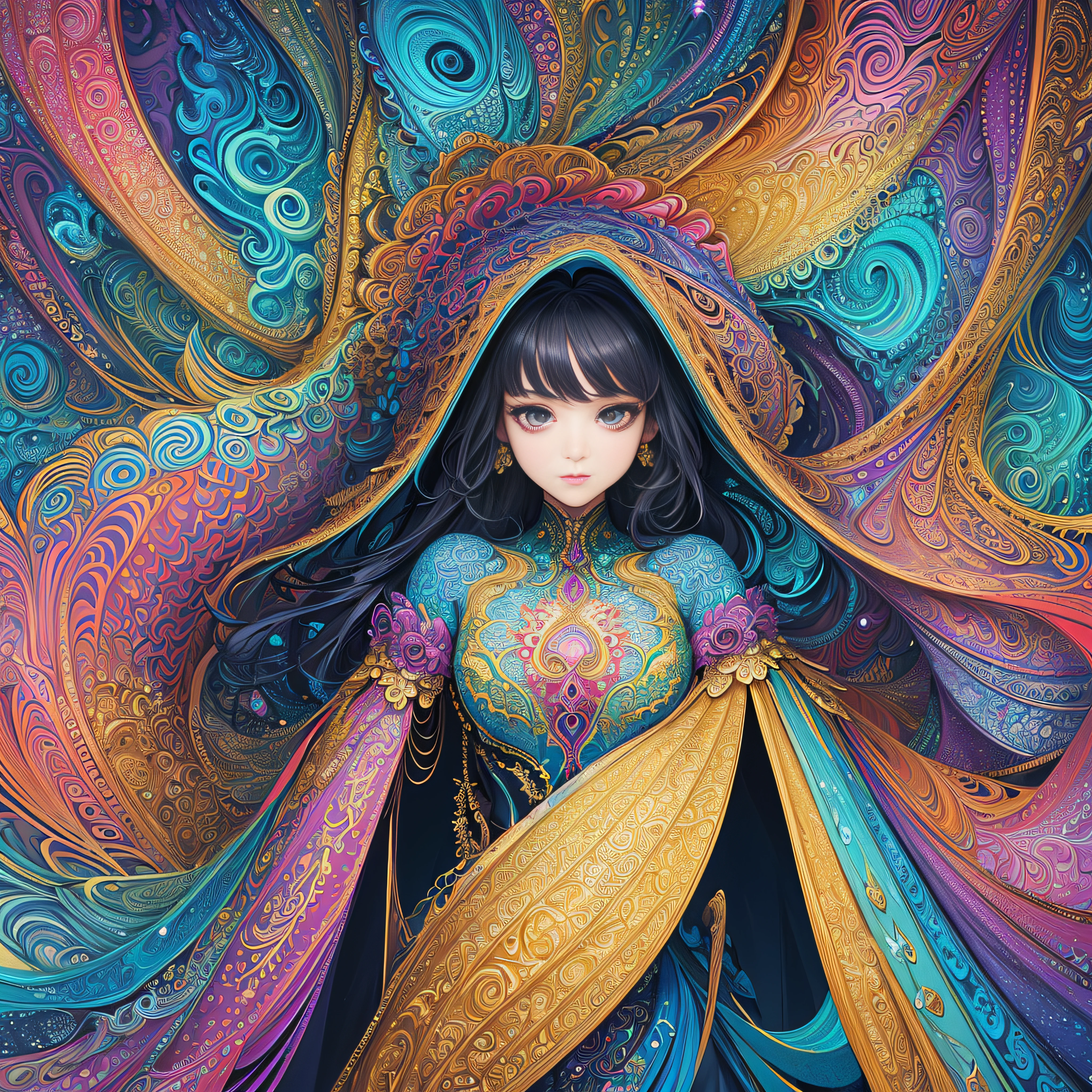 (masterpiece, top quality, best quality, official art, beautiful and aesthetic:1.2), (1girl:1.3), extremely detailed,(fractal art:1.2),colorful,highest detailed,(zentangle:1.2), (dynamic pose), (abstract background:1.5), (treditional dress:1.2), (shiny skin), (many colors:1.4), upper body