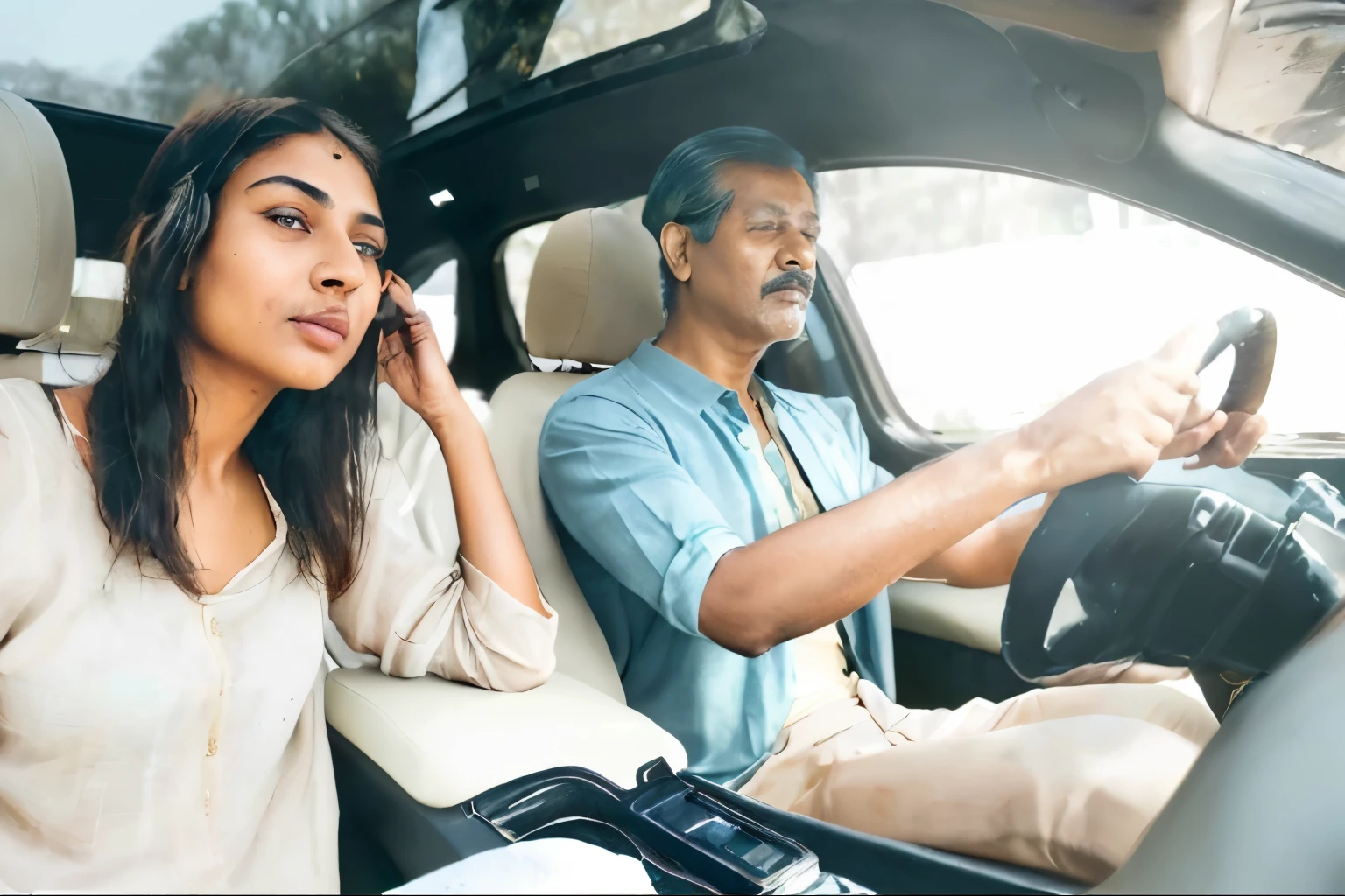 19 year old beautiful Indian girl, dull yellow shirt, buttoned up, 50 year old Indian man, light blue shirt buttoned up, (beautiful detailed eyes:1.1, beautiful detailed lips:1.1), long eyelashes, medium: oil painting, (realistic:1.37), ultra-detailed, professional, (vivid colors:1.1), portraits, (warm color palette:1.1), soft and warm lighting