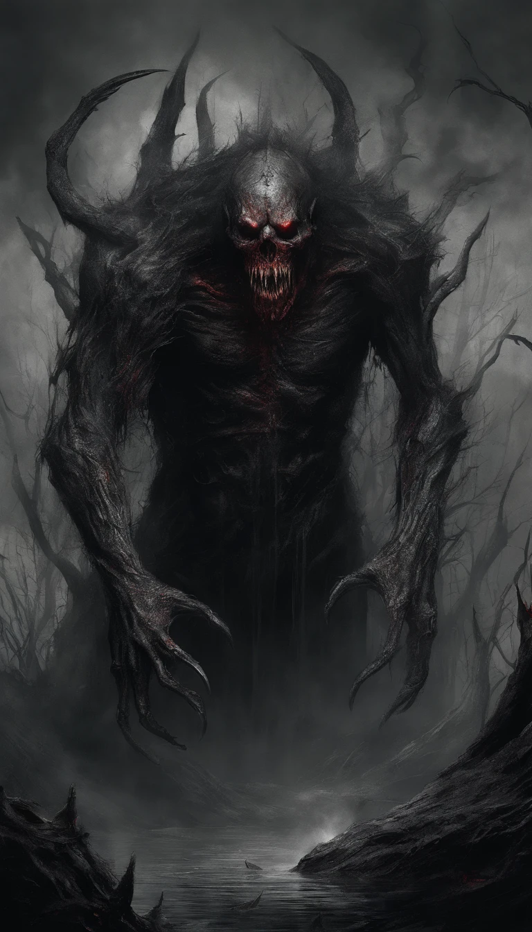 Draw a strong, massive, demonic creature with a bloody face and a bloody head, genocide, Science fiction horror art, sci-fi horror artwork, inspired by Aleksi Briclot, Fangs of the slaughter, horror fantasy art, Alexis Bricklot(Alexis Bricklot), horror concept art, veneno, Fantasy and horror art, Detailed illustration of 4K horror, demonic creature, dark fantasy horror art