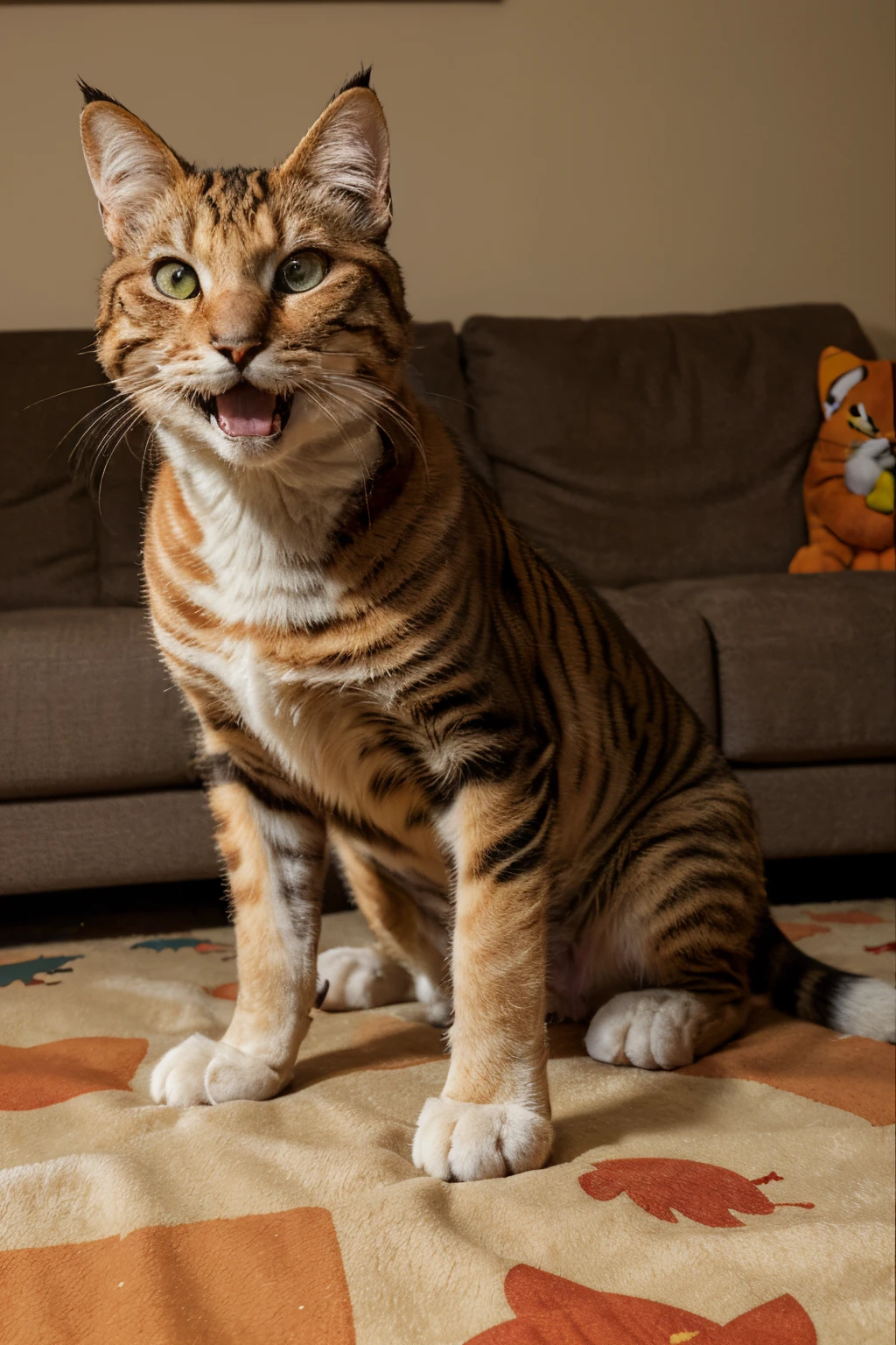 garfield,cat character,comic strip,vivid colors,realistic,funny expressions,curious eyes,lazy and chubby cat,comic book style,paw-print decoration,humor,hungry,orange fur,standing on hind legs,big appetite,sleeping on sofa,laughing out loud,table with lasagna,mischievous,lovable,lasagna lover,wide grin,playful antics,Jon Arbuckle's pet,backyard adventures,oddball,clumsy,paunchy,misadventures,comic strip panels,cartoonish,oddball adventures,napping,Monday hater,lasagna thief,comical,cheeky actions,entertaining,classic comic character,witty banter,fun-filled,comic book hero