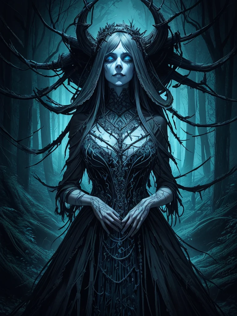 (masterpiece, best quality: 1.4), (beautiful, perfect, subtle, detailed, intricate, aesthetic: 1.2), (horror art: 1.2), (Apter style: 1.4), chilling abstract image, dark forest goddess, skeletal outline through peeling flesh, visible veins pulsating with an eerie blue light, dressed in a dress woven from cobwebs and decorated with crawling worms, an evil grin revealing rows of razor-sharp teeth, the embodiment of primal horror, subdued lighting, perfect shading,