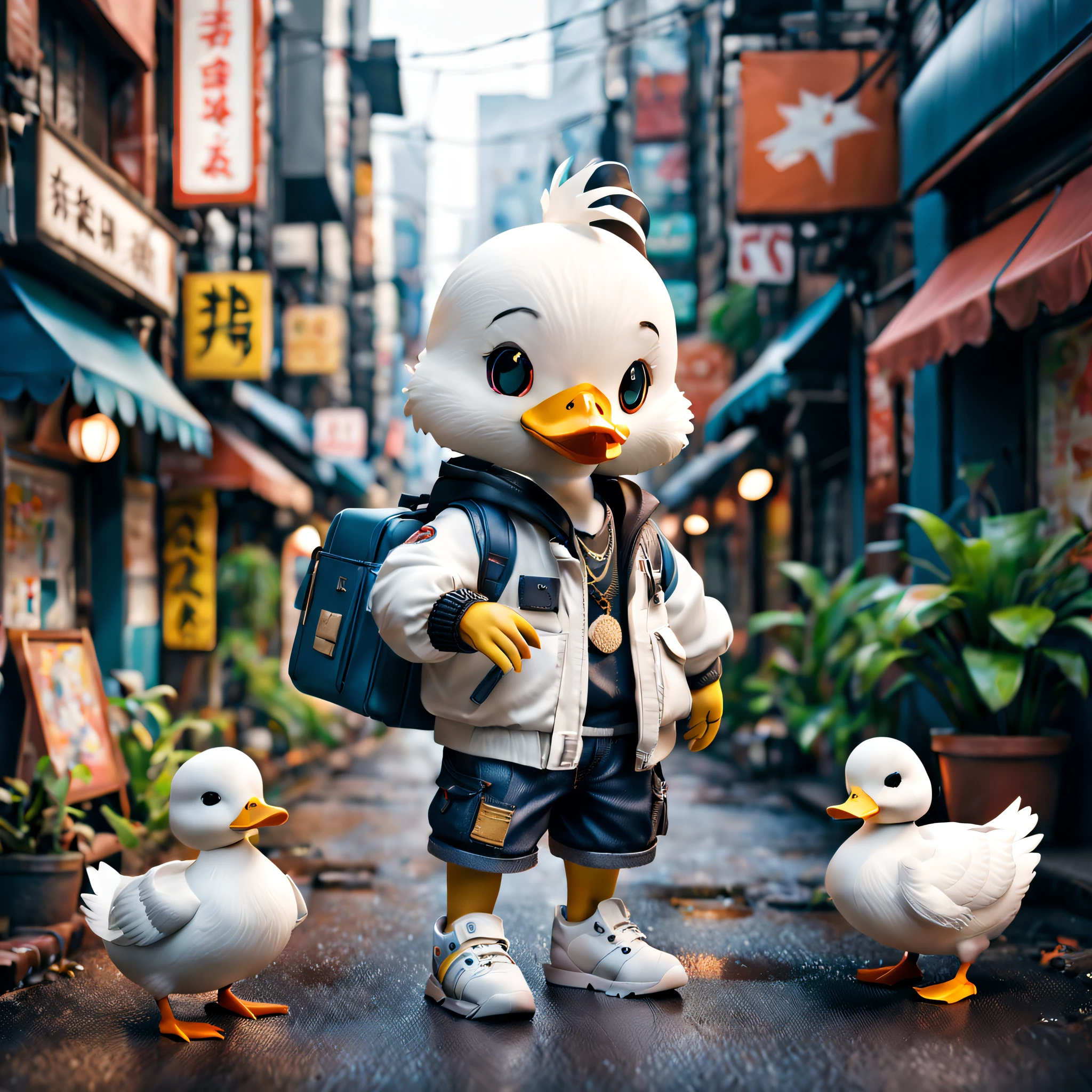 full body Esbian、cool male white duck、pop male white duck、Deformed animals、diorama、symple background、Shibuya Fashion、Tiere、I have a boom box、masterpiece, Best Quality, Capture super cute moments, depth of fields, ultra-detailliert, Ultra High Resolution, Octadale, 8K, 16 K