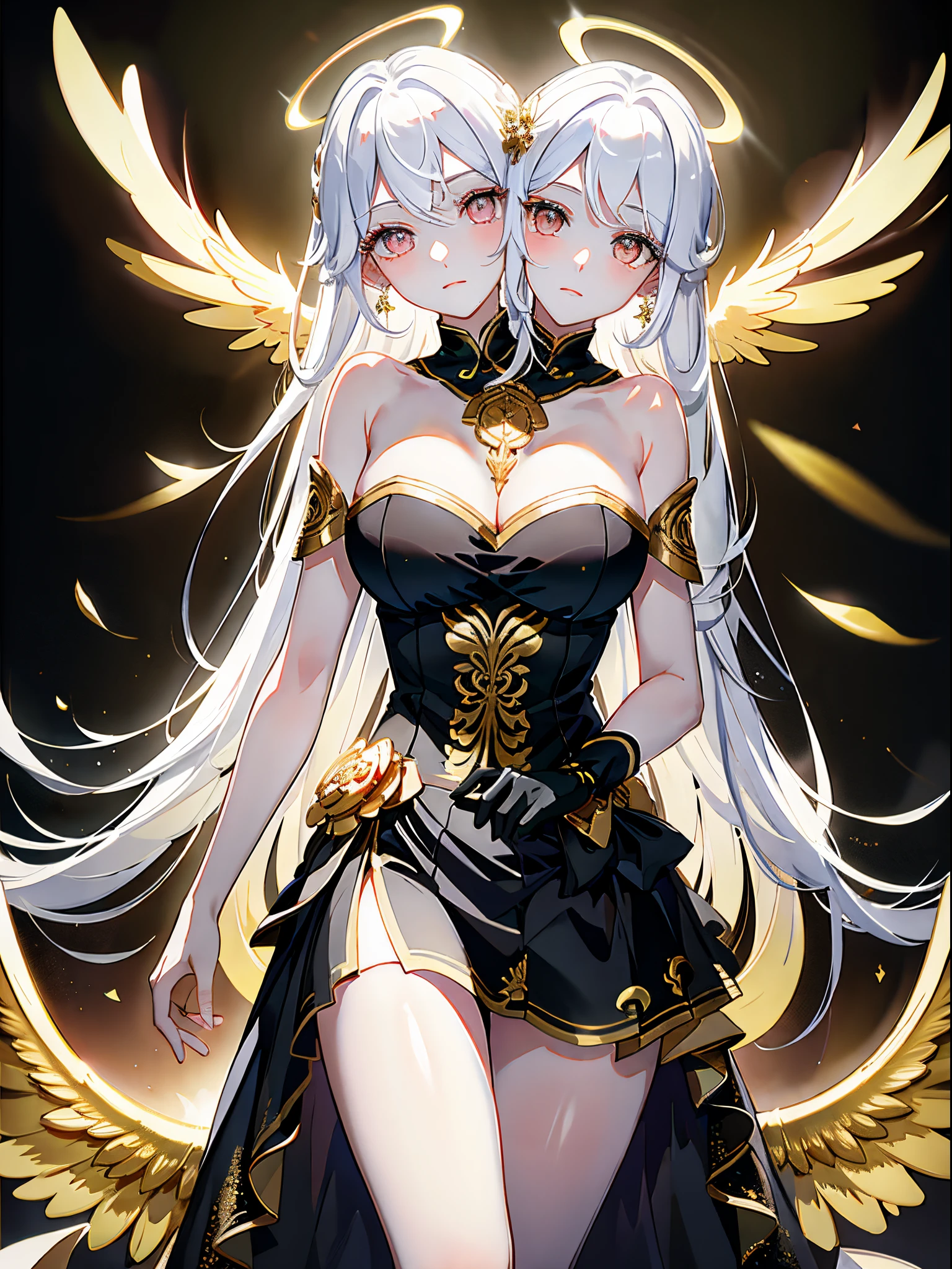 (masterpiece, best quality), best resolution, (2heads:1.5), 1girl, white hair, golden eyes, halo, angel wings, serene expression, heaven background
