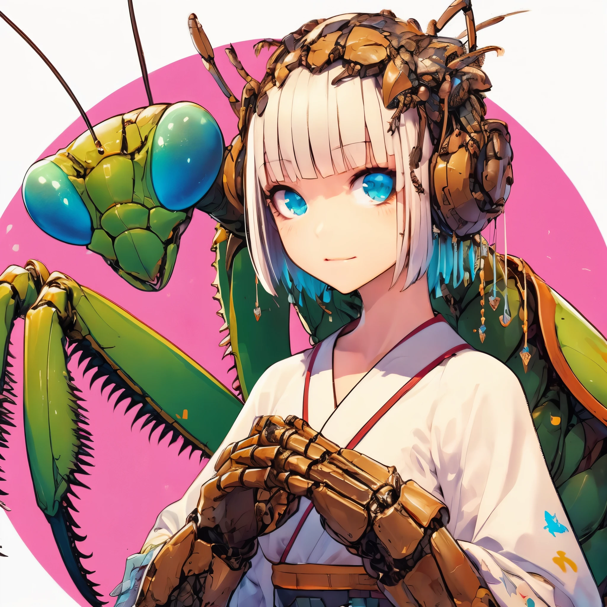 A girl who fuses with a praying mantis. she is a beautiful girl. She is a kaiju element. Her hands become weapons. armored body.