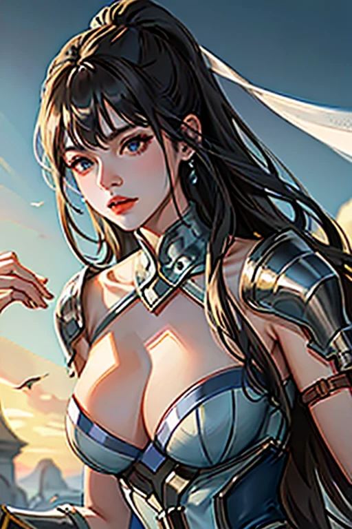 close up shot of a woman in a silver and blue dress, silver armor, large breasts, cleavage, chengwei pan on artstation, by Yang J, detailed fantasy art, stunning character art