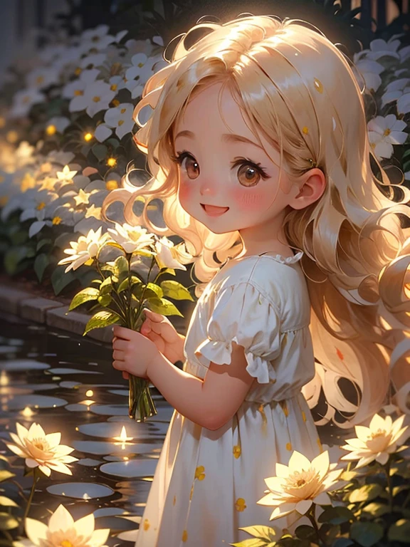 1girl in, Chibi, Cute, Long hair, Light blonde hair, glowing gold eyes, rose garden, Floral dress, Sunlight,Smile, Happy, Rose