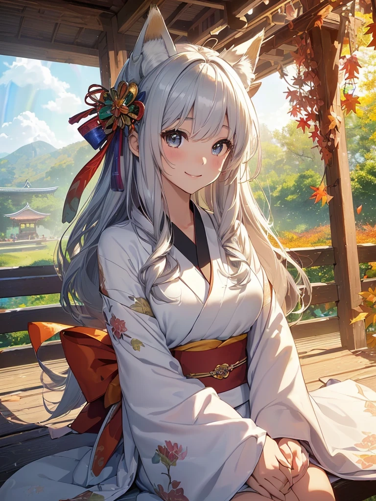 top-quality、Top image quality、masterpiece、The season is autumn、girl with((20yr old、Best Bust、big bast、Bust 90,Beautiful eyes、,Silver hair long hair、Fox ears、A slender、big tail、Beautiful colorful Japanese kimono、a closeup、sit on a bench in the fairy palace、Under the roof、、hiquality、Beautiful Art、masutepiece、visualart、depth of fields、、 、low angles、A sexy、light magic、By the window of the arbor、big tree outside、Autumn leaves、Happy smile、Rainbow in the clouds、Big rainbow