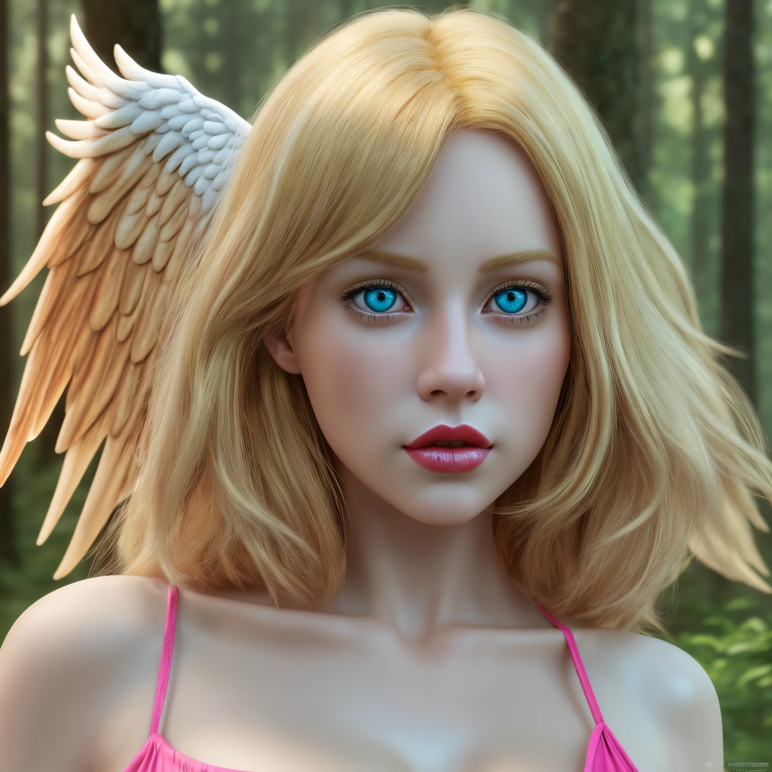Ultra detailed realistic , hd 8k quality, collage woman, Realistic character, coiffed golden blonde hair, pink red skin color, realistic face textured, detailed Blue eyes, small anime breast, Alone, modern, pink red golden dress , pink red lipstick, ultra detailed wite golden pink hair deep realistic forest field, smooth golden sunlight, overall image full detailed, deep detailing, wings with angel golden neon ring on head