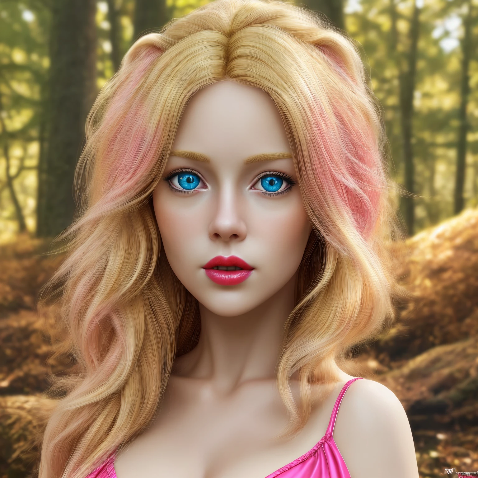 Ultra detailed realistic , hd 8k quality, collage woman, Realistic character, coiffed golden blonde hair, pink red skin color, realistic face textured, detailed Blue eyes, small anime breast, Alone, modern, pink red golden dress , pink red lipstick, ultra detailed wite golden pink hair deep realistic forest field, smooth golden sunlight, overall image full detailed,  deep detailing, wings with angel golden neon ring on head