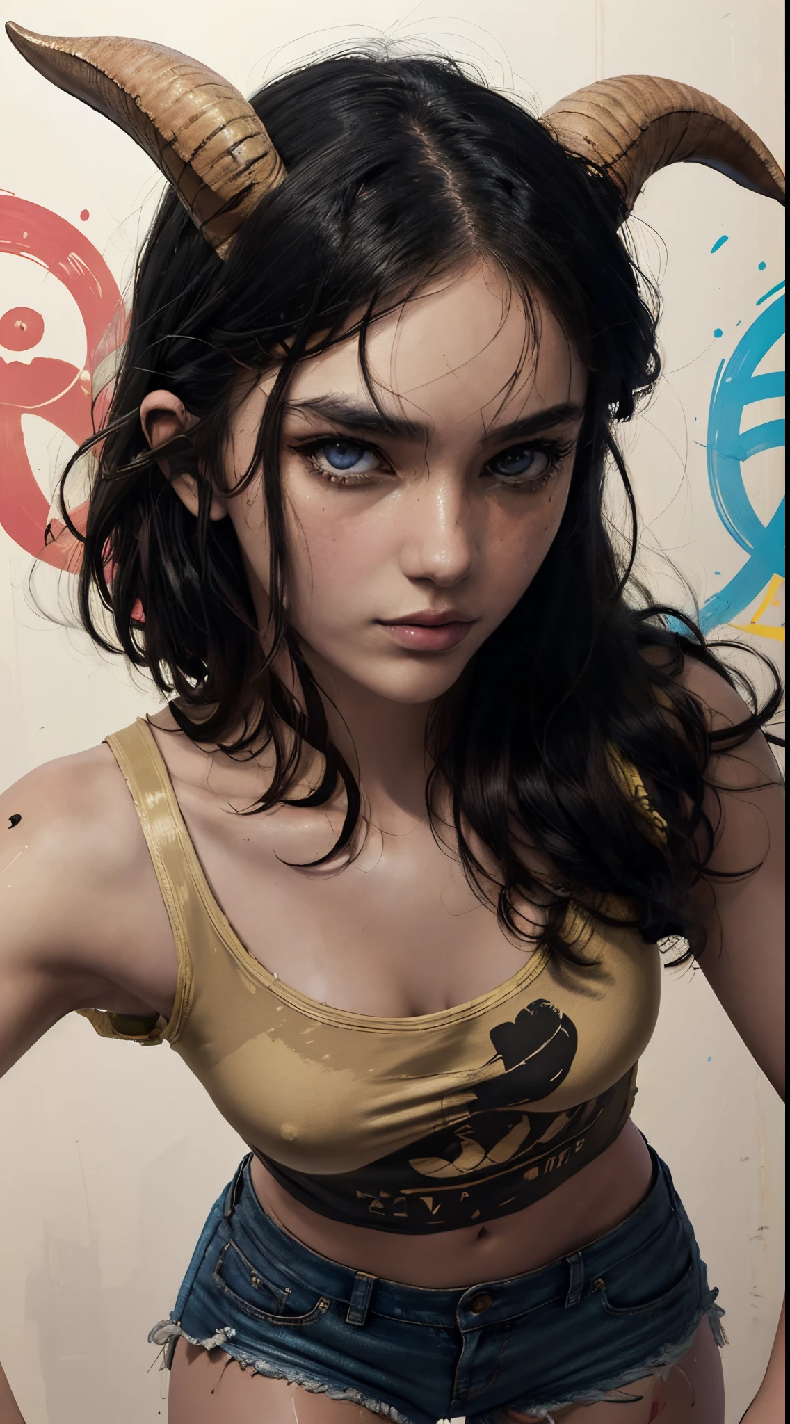 Tanned young girl, goat horns, sleeveless t-shirt, shorts, drawn in the classic 90-s comic art style,extremely detailed eyes,color,line art,Yoji Shinkawa,Vector painting, highly detailed, ultra-detailed, ultra-high-definition, detailed symmetric realistic face, full body shot, painting extremely detailed natural texture,Vector painting, highly detailed, ultra-detailed, ultra-high-definition, soft shadows and reasonable perspective,magazine cover,detailed peach fuzz,vector art,colourful graffiti illustration, bright colorsking in an apartment,