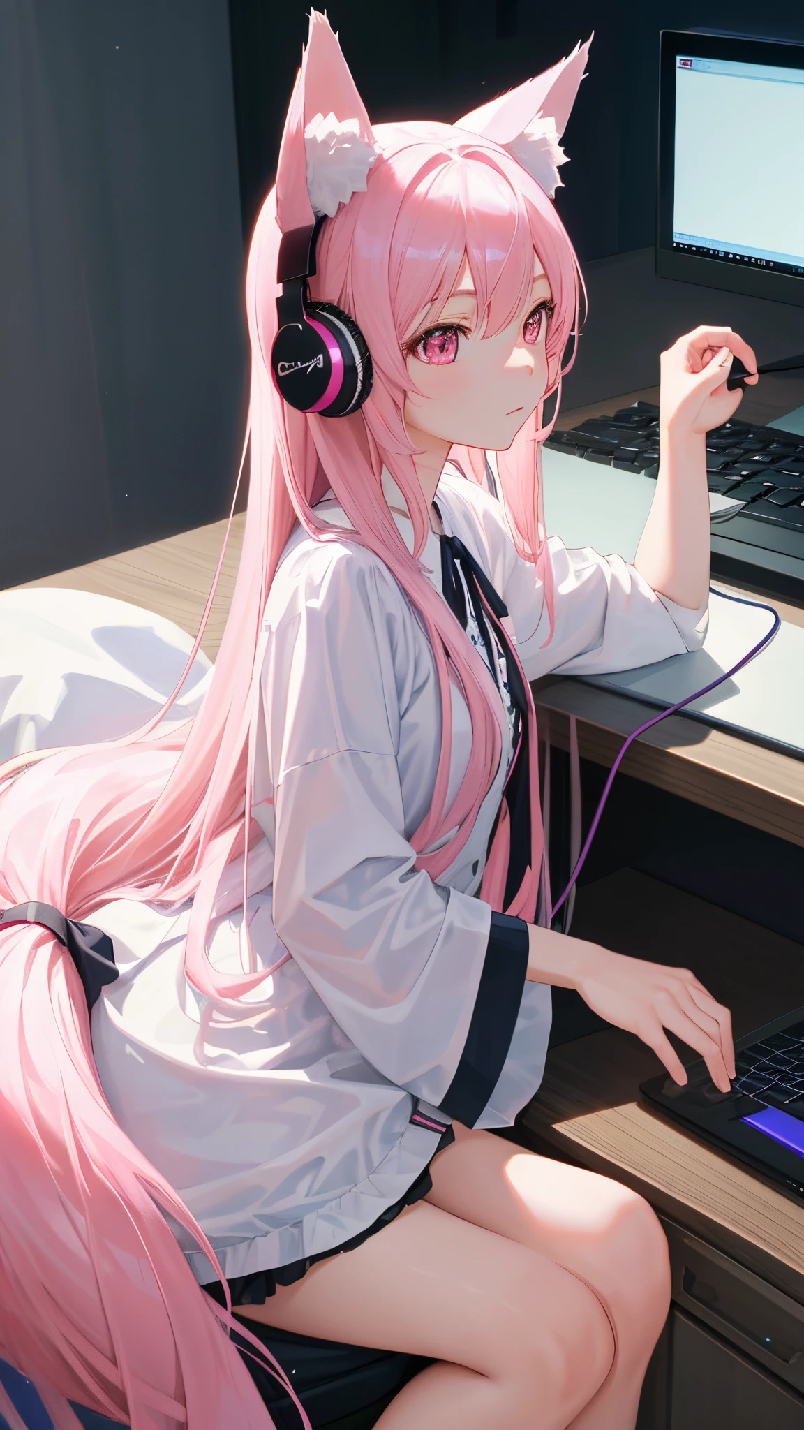 Anime girl with pink hair sitting at a desk with a laptop - SeaArt AI