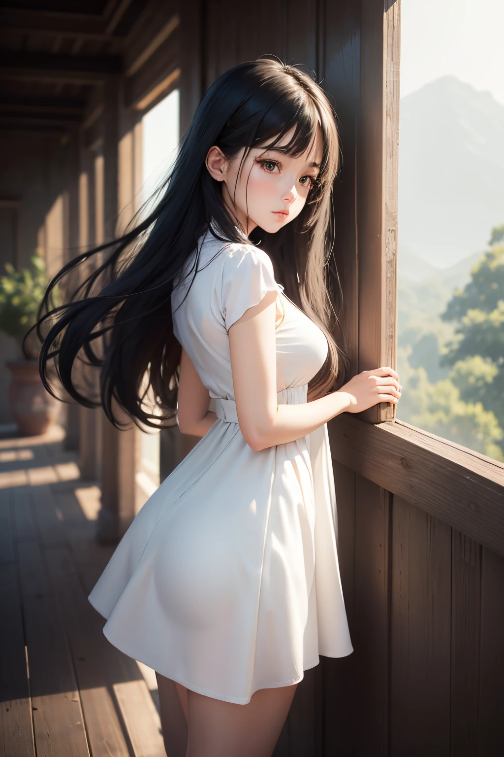 high-definition picture quality、Faraway view。Woman standing、posterior view、The whole body is shown。Below-the-knee white dress、A simply dressed、Semi-long black hair、Neat and clean image。simple background、Gentle sunshine、A pleasant afternoon。