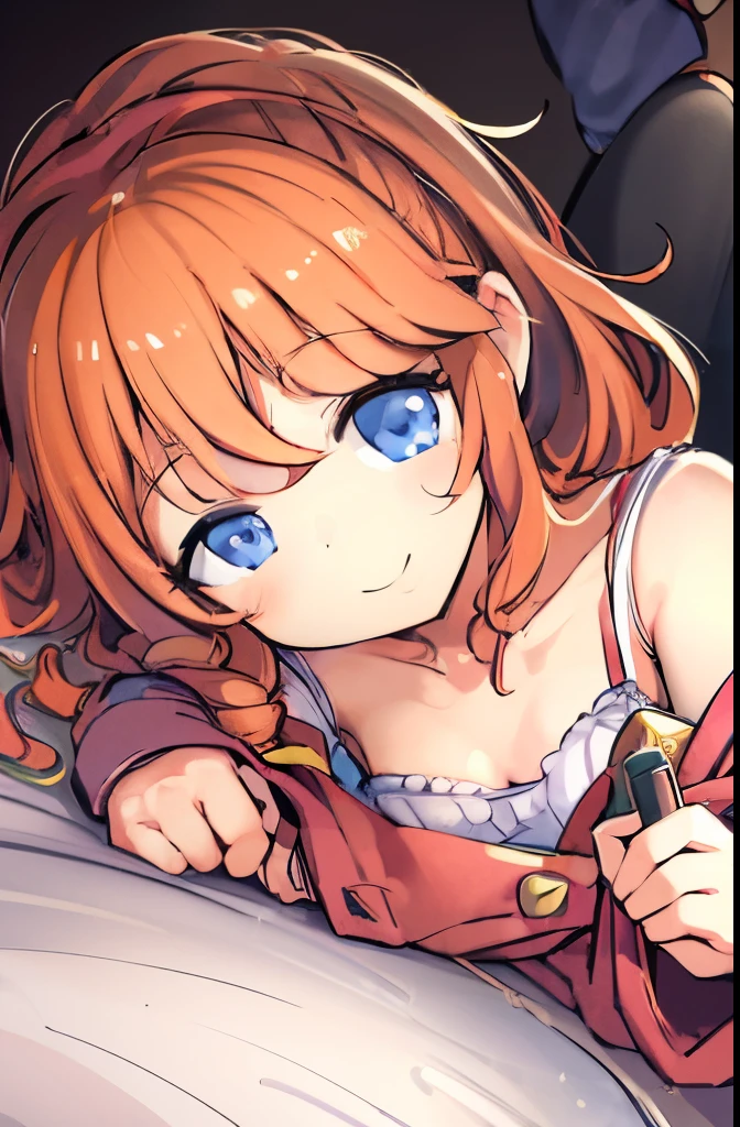 ((masterpiece)), ((best quality)), (ultra-detailed), anime style, look down from above, on the bed, a cute girl, 1girl, solo, underwear00, ((beautiful eyes)), smile