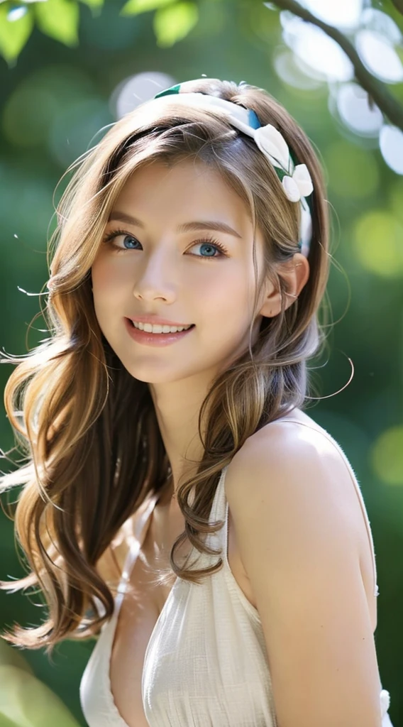 American white woman with unparalleled looks、dark blonde、Semi-long hair、wearing a ribbon headband、Hair is wavy、The ends of the hair are curled、blue eyess 、A slender、Out of focus background of open meadow in the forest、The sun filtering through the trees is beautiful、a smile、Looking at the camera、Slender but well-proportioned body with large breasts、Posing like a model、Raking up hair、There must be space above the head、Breast bare、Very high definition、Wrapping a scrunchie around the wrist