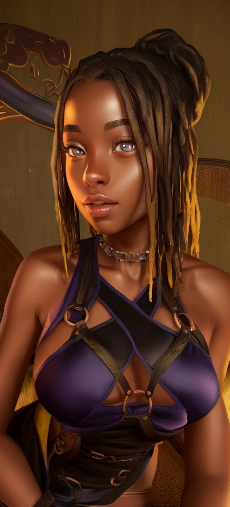 there is a woman with dreadlocks sitting on a purple chair, close up character, character close up, portrait willow smith, ( ( dark skin ) ), she has olive brown skin, dark skinned, close up bust shot, portrait of willow smith, dark-skinned, character close-up, second life avatar, light skinned african young girl