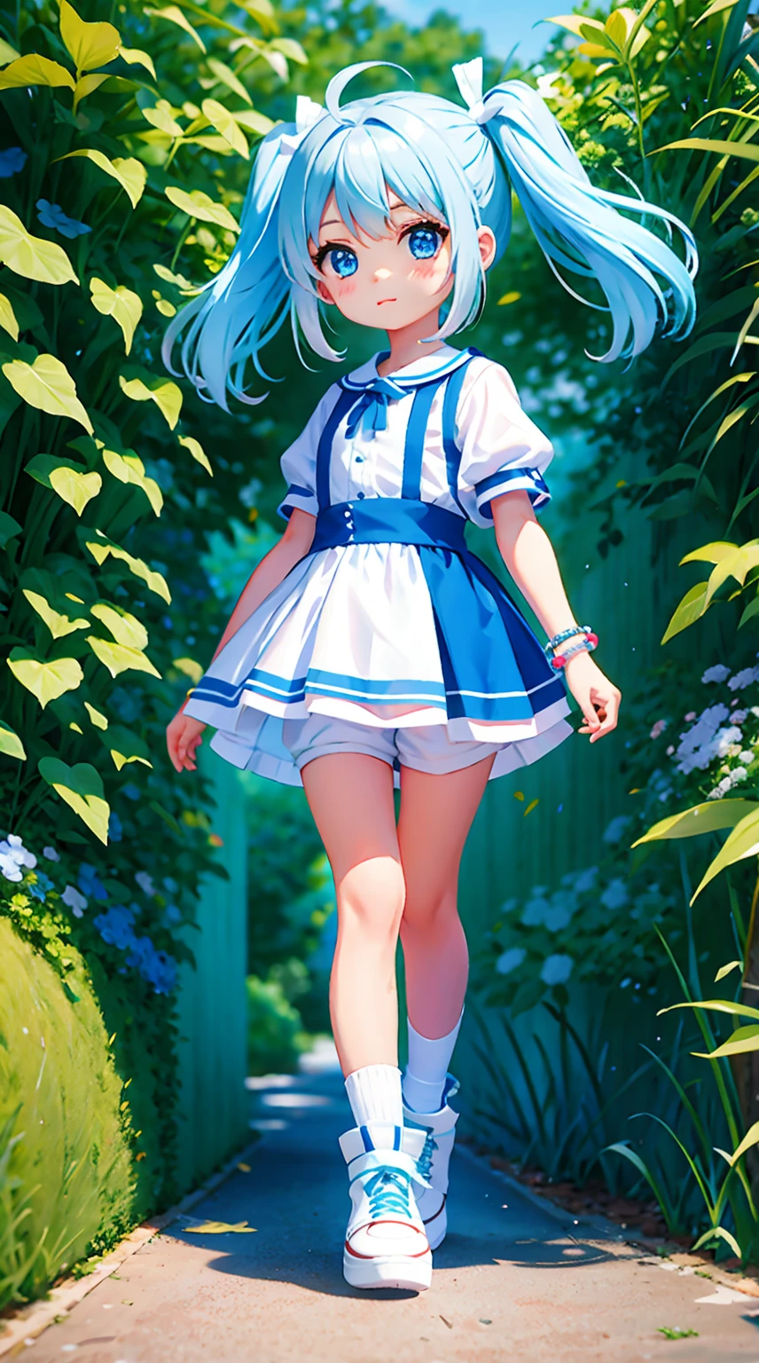 Cute little girl, chibi style , girl standing standing with legs apart, view from front, white t-shirt, shorts, laced shoes, white boots, high top shoes, laced white boots, mid-calf socks, White Socks, colourful hair, white and blue hair, blue eyes, detailed eyes, cute face, grass land, looking at viewer, poker face, bracelet,