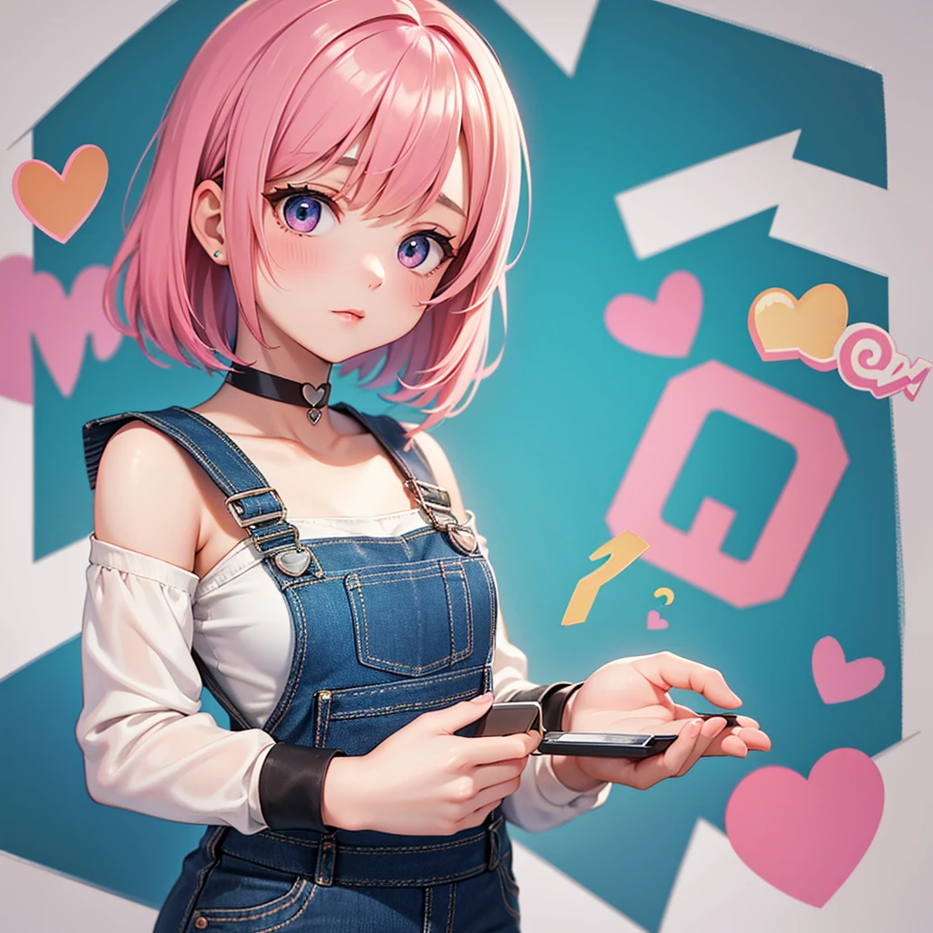 young woman, short bright pink hair, short shoulder length hair, really cute, heavy makeup, blue overalls, white blouse, black choker with a heart on it, early twenties, one person