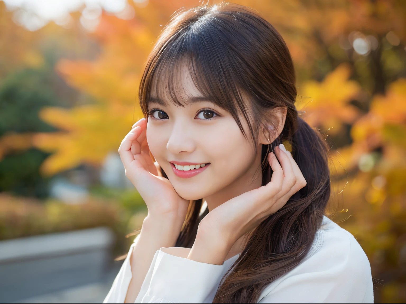 masutepiece, Best Quality,
Ultra-detailed, finely detail, hight resolution, in 8K,
((Photorealsitic:1.4, Raw photography, 超A high resolution,Top image quality: 1.4)),
Wallpaper,
((Perfect whole body configuration1.5)),
Beautiful detailed eyes, Natural Color Lip,
((a serene smile:1.5)),
((Random and cute hairstyles)),
((leaning-forward:1.5)),
((rather large breasts:1.0)),
((from the front side:1.5)),
((Random autumn blurred background)),
((Random and cute facial expressions)),,
((1:1.5))
very detailed and professional lighting、
Perfect dynamic composition, Beautiful detailed eyes, ((Women's Fashion)),((Smile,Harajuku)),((Sexy shot looking at camera))