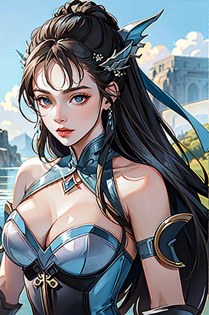close up shot of a woman in a silver and blue dress, silver armor, large breasts, cleavage, chengwei pan on artstation, by Yang J, detailed fantasy art, stunning character art