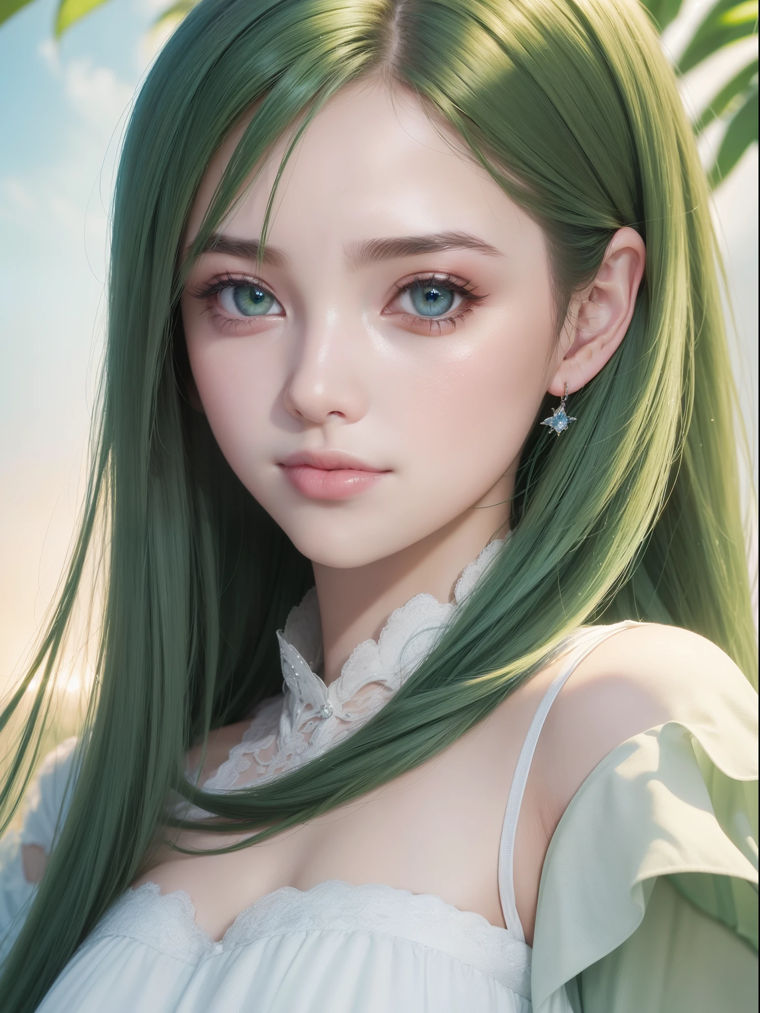 (Best quality at best:1.5), (Beautiful CG), (A high resolution:1.5)、The face sticks out from the photo、Green eyes、sapphire green eyes、Gloss on lips、Eye gloss、A smile、open your mouth slightly、Round and big eyes、silber hair、The background is the universe