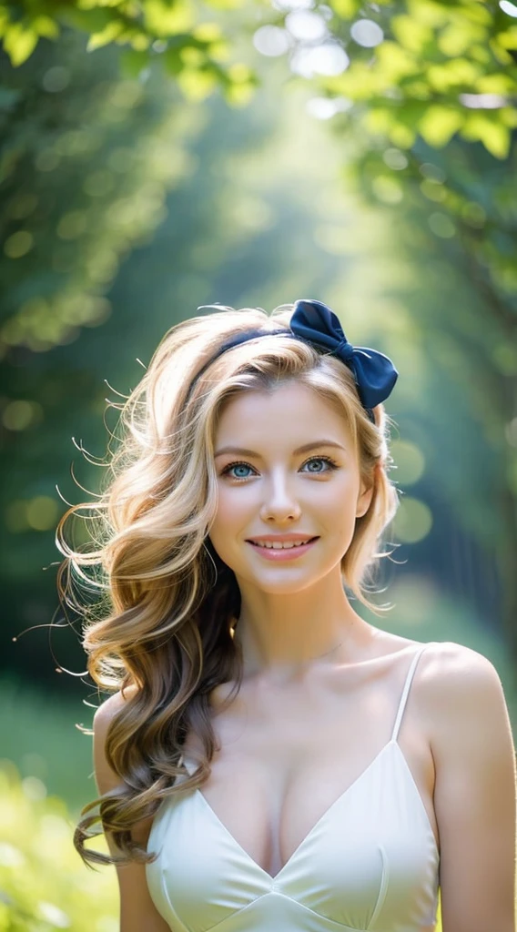 American white woman with unparalleled looks、dark blonde、Semi-long hair、wearing a ribbon headband、Hair is wavy、The ends of the hair are curled、blue eyess 、A slender、Out of focus background of open meadow in the forest、The sun filtering through the trees is beautiful、a smile、Looking at the camera、Slender but well-proportioned body with large breasts、Posing like a model、Raking up hair、There must be space above the head、Breast bare、Very high definition、Wrapping a scrunchie around the wrist