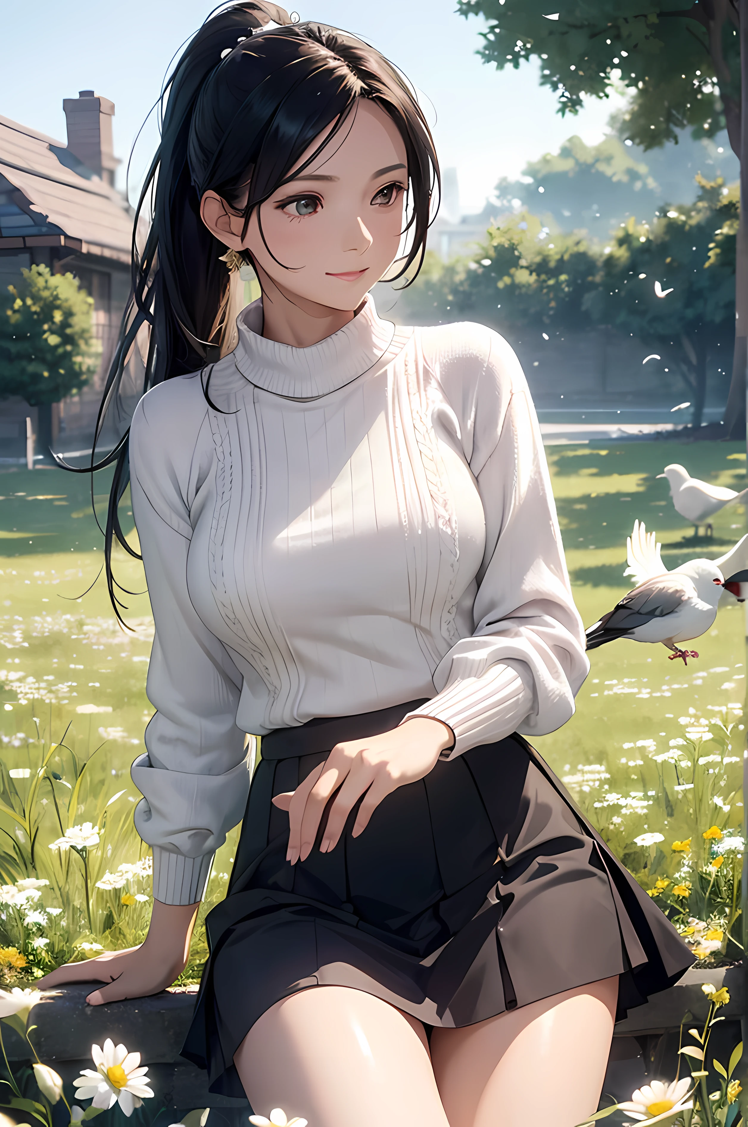 A beautiful woman, (( sweater, skirt, blouse)), perfect body figure, beautiful face, milf, age 46, royal, black hair, ponytail hair style, beautiful skin, fine details, cinematic lighting, beautiful lighting effect, creative design, full frame, divine aura, , shining light, perfect color transition, perfect balance of contrast, perfect color layer, perfectly smooth color blur, soft rendering, smooth color stroke, sun glare, optic lens, light ray, soft colors, smooth colors blend, perfect color rendering, harmony, perfect color harmony, light particles, perfect details, intricate details, color prism, fine clothes, fine details, creative clothes design, Tachibana Omina art style, affectionate eyes, half a smile, a gentle expression on his face, grassland, flowers, petals and sunlight in the background, pigeons in the sky, full length, realism, ((Best quality))),8k,((Masterpiece)),(Extremely refined and beautiful)