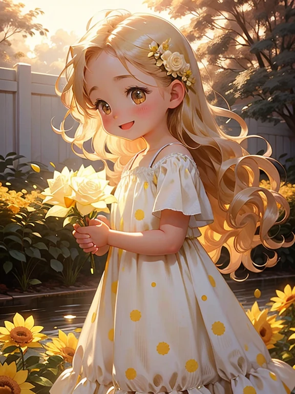 1girl in, Chibi, Cute, Long hair, Light blonde hair, glowing gold eyes, rose garden, Floral dress, Sunlight,Smile, Happy, Rose