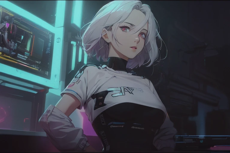 ((La mejor calidad)), ((obra maestra)), (muy detallado:1.3), ...............................................................................................................................................3D, Beautiful (cyberpunk:1.3) Mujer hacker, peinado corto,pelo corto, Volver al visor, cabello grueso, Terminal de ordenador operativo, Pantalla montada en la cabeza, computer server, Pantalla LCD, fiber optic cable, Logotipo de la empresa, HDR (High Dymanic Range), Trazado de rayos, NVIDIA RTX, Super resolution, Irreal 5, Subsoil Scatter, Textura PBR, Post-procesamiento, Anisotropic filtering, profundidad de campo, maximum sharpness and sharpness, Texturas multicapa, Albedo y Highlight Maps, Sombreado de superficies, Accurate simulation of light-material interactions, proporciones perfectas, Renderizado de octanaje, duotone lighting, ISO bajo, balance de blancos, Regla de los tercios, amplia apertura, 8K RAW, efficient sub-pixels, sub-pixel convolution, glow particles, dynamic pose