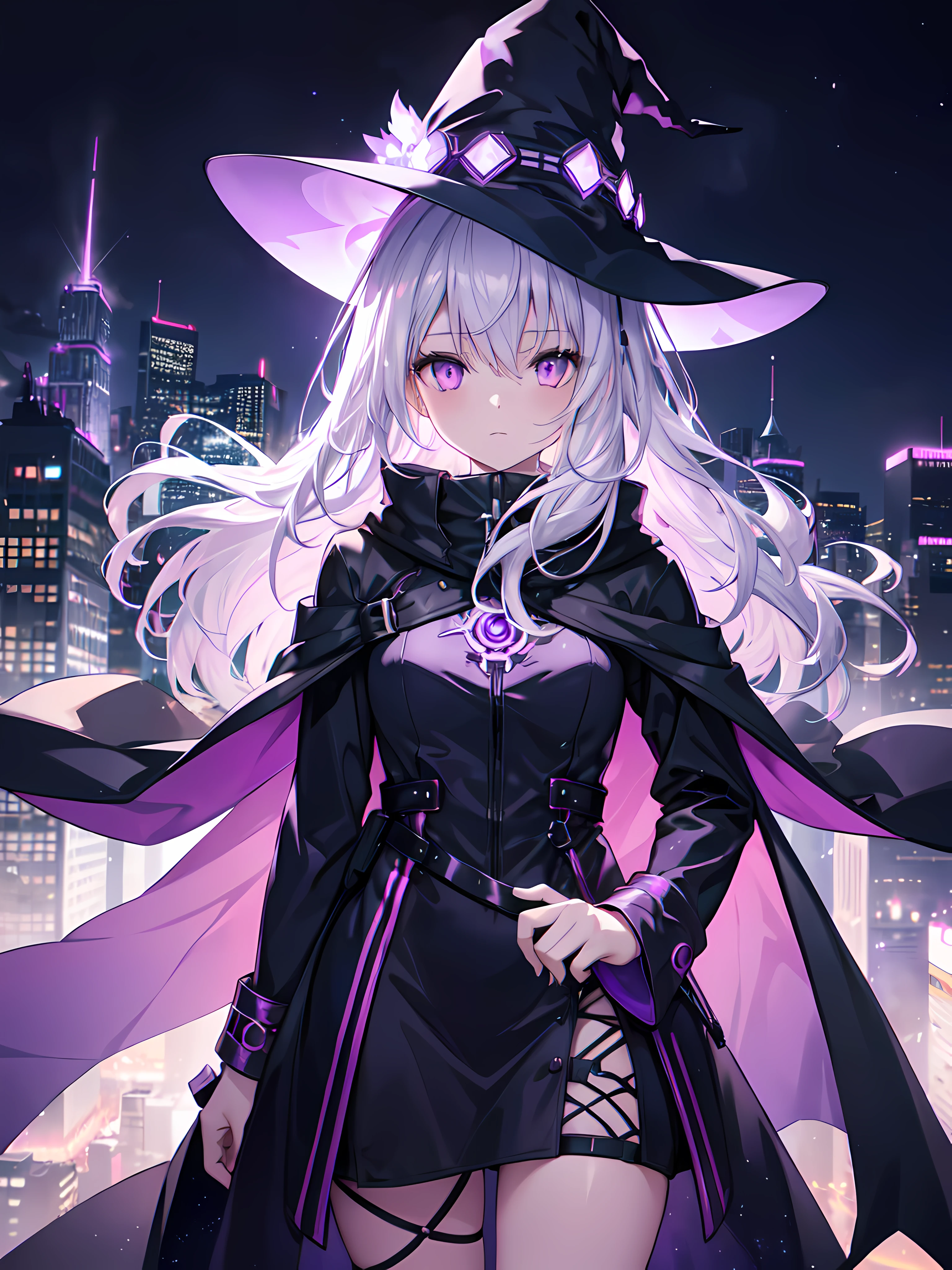 1girl,long silver hair,purple eyes,wearing witch's hat and cloak,standing on a rooftop,overlooking a futuristic cityscape at sunset,with neon lights illuminating the sky and towering skyscrapers in the background,artistic interpretation,vibrant colors,soft glowing atmosphere,ethereal lighting effects