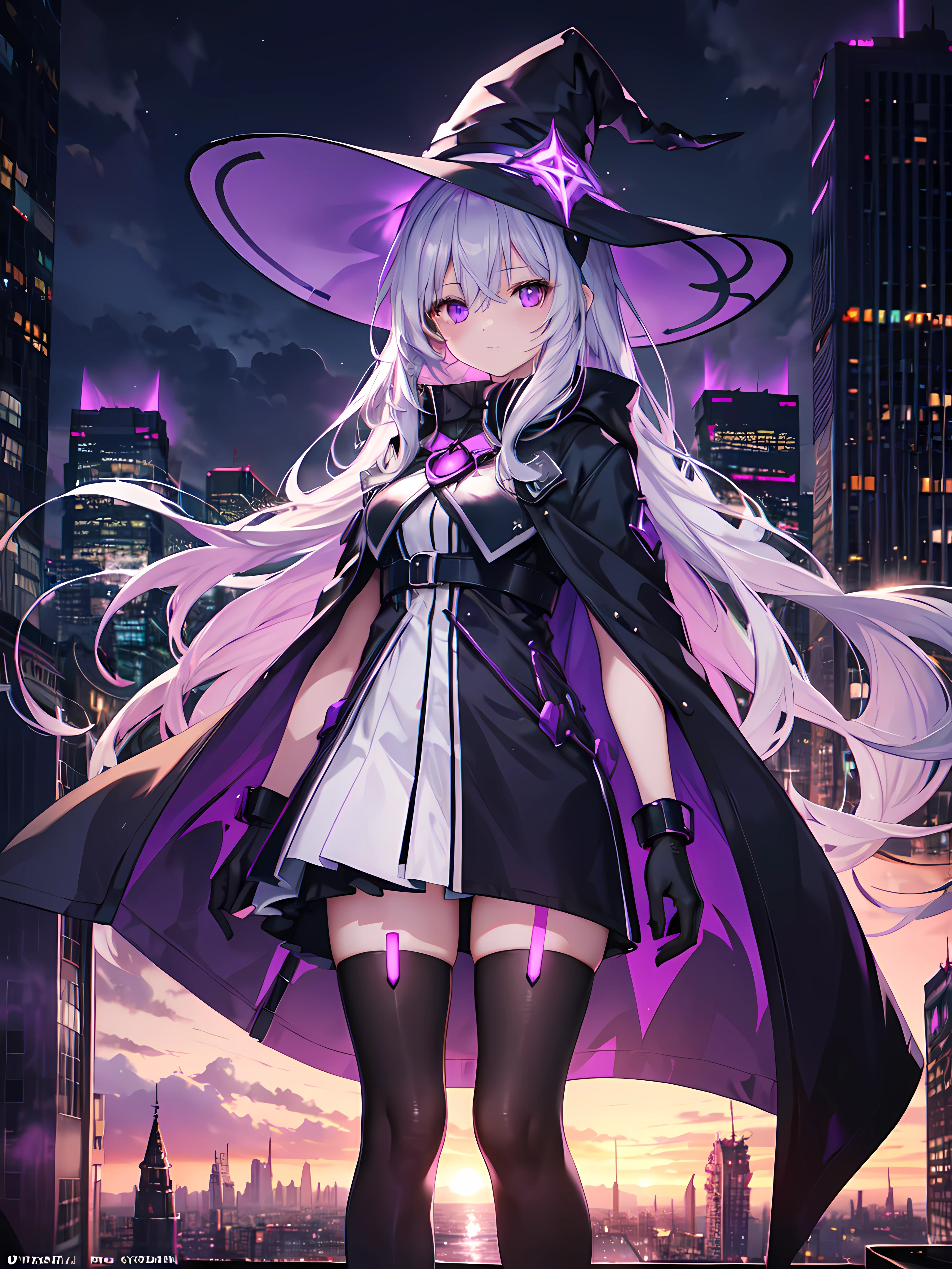 1girl,long silver hair,purple eyes,wearing witch's hat and cloak,standing on a rooftop,overlooking a futuristic cityscape at sunset,with neon lights illuminating the sky and towering skyscrapers in the background,artistic interpretation,vibrant colors,soft glowing atmosphere,ethereal lighting effects